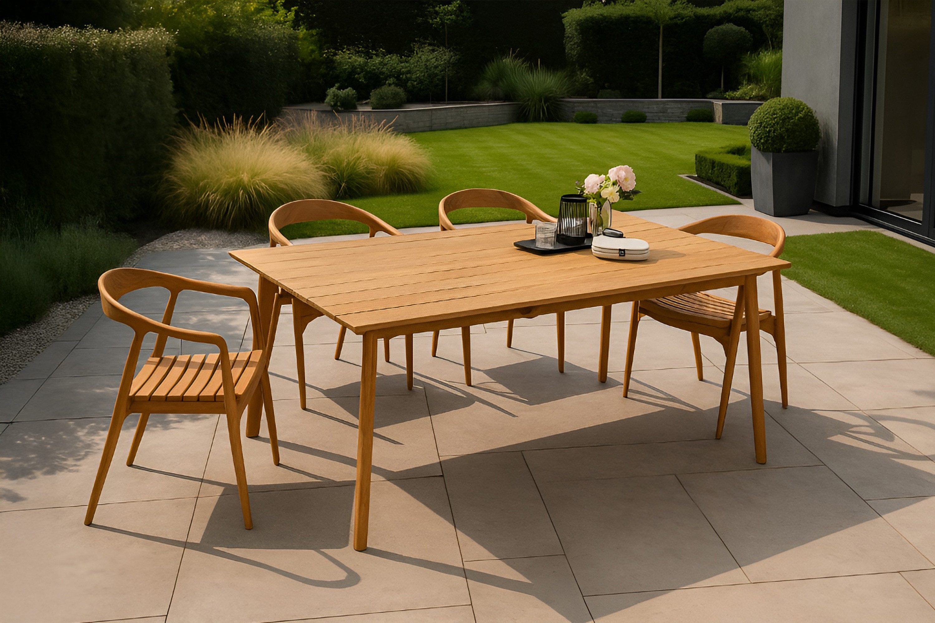 SAM® Essgruppe Hanno, outdoor, massives Teakholz, Tisch mit Vierfuß-Gestell und Gartenstühle
