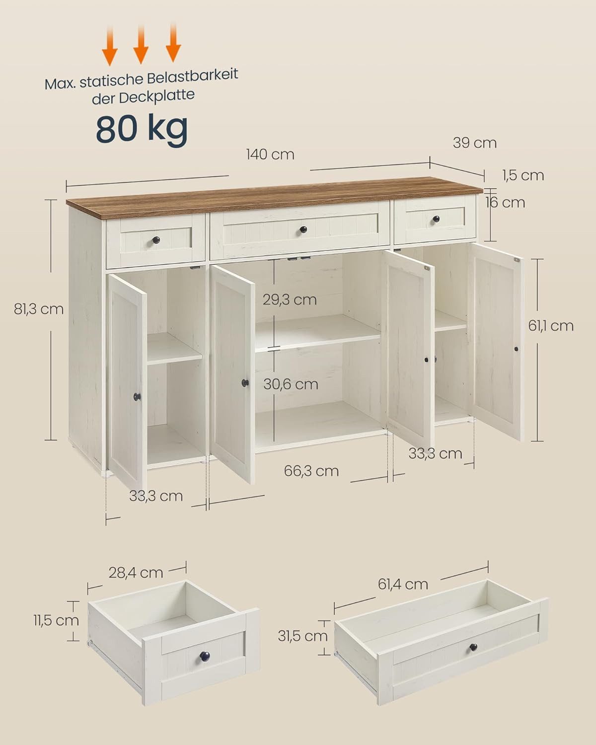 SONGMICS HOME Sideboard Sideboard, Toolless-Technologie, superschnelle werkzeuglose Montage, 39x81×140cm, Küchenschrank mit Arbeitsplatte
