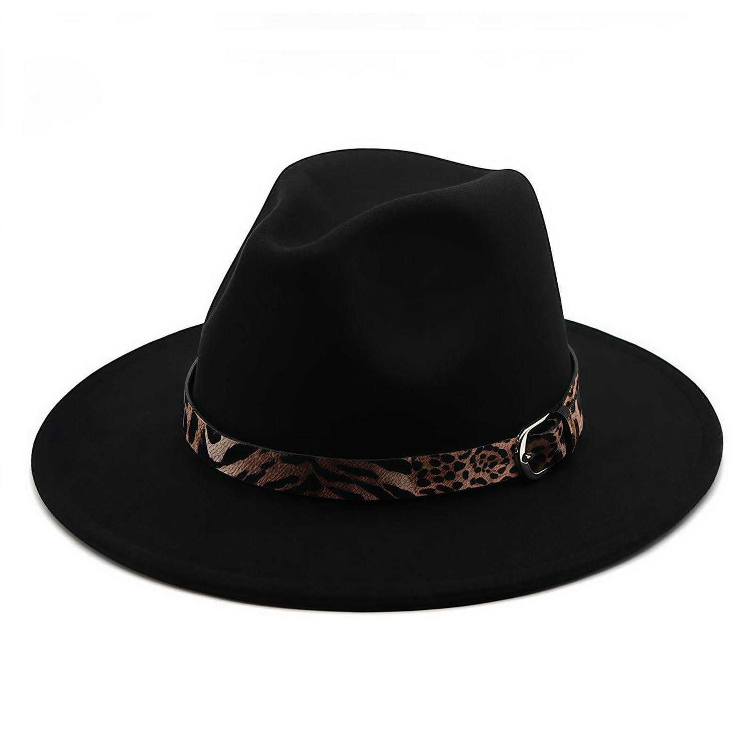 LuxusKollektion Fedora Fedora Trilby Wollmix Herren Damen Krempe Leopardband M Schwarz