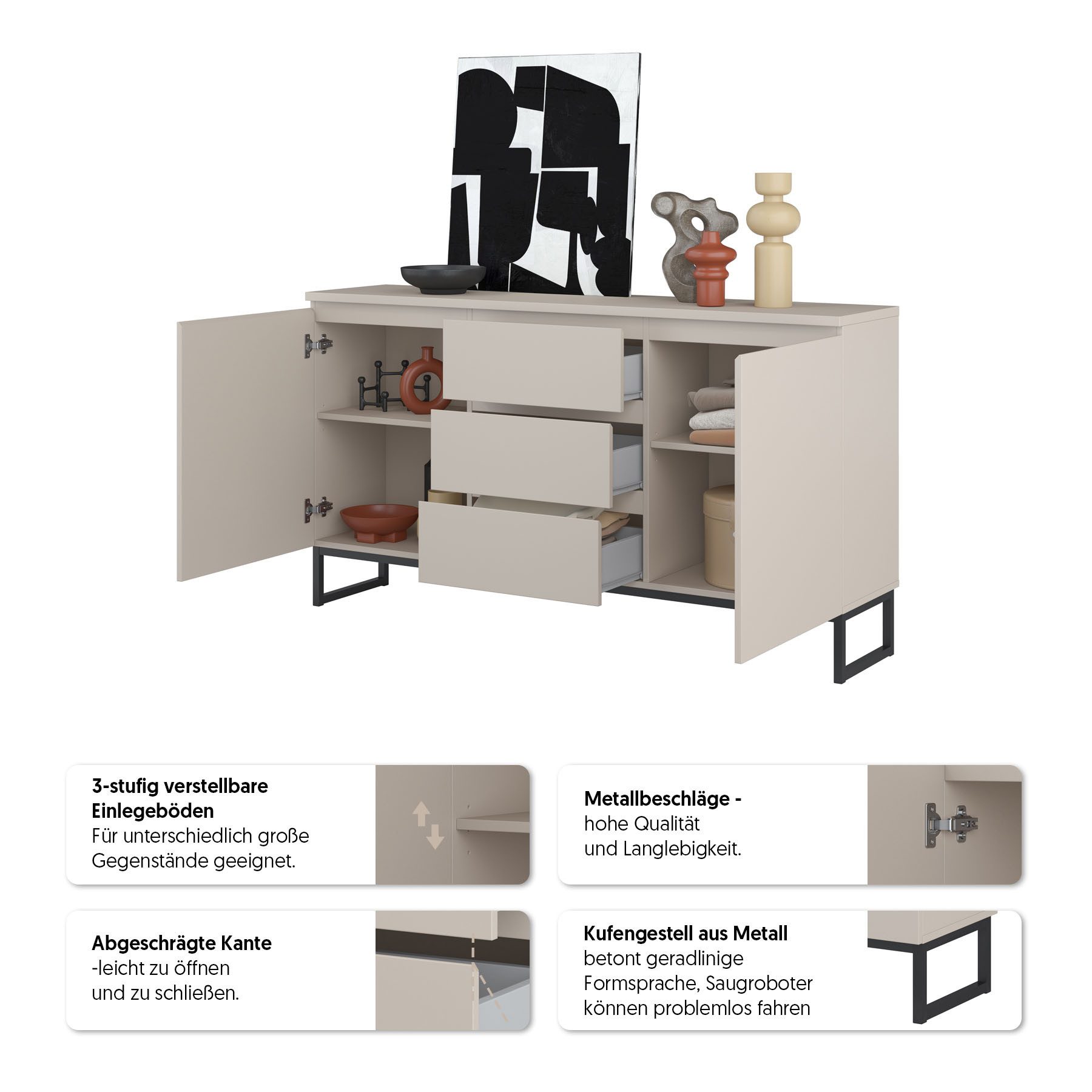 OTTO home Sideboard Modo II, Breite 150 cm, moderne grifflose Kommode 2Türen/3 SK, Schubladenkommode viel Stauraum, Einlegeböden verstellbar, Metallkufen