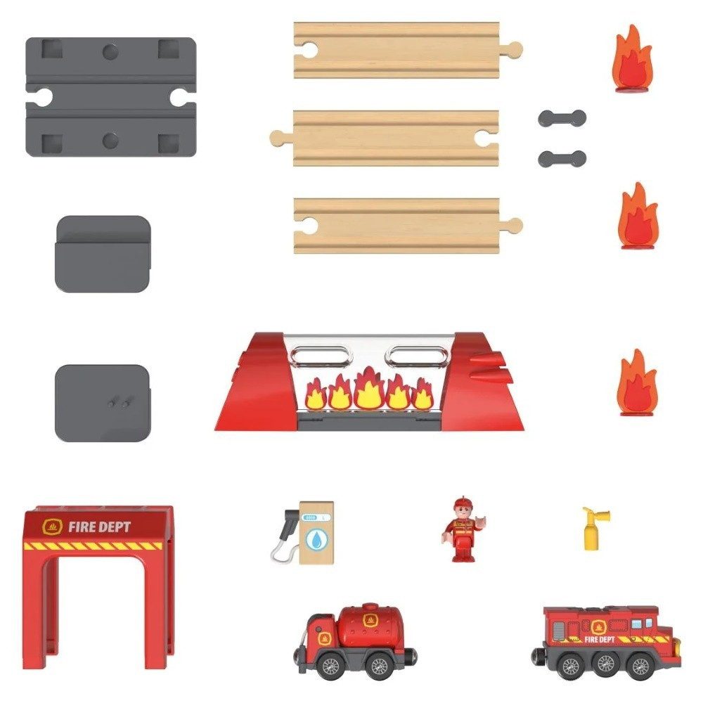 lupilu Spielzeug-Eisenbahn Eisenbahn Holz Spielzeug Batteriebetrieb Löschanhänge Feuerwehr-Set, (Spielset, 14-tlg., Feuerwehrstation, selbstfahrender Feuerwehrzug, Löschanhänger), Feuerwehr Zug Vor- Rückwärts- & Stoppfunktion