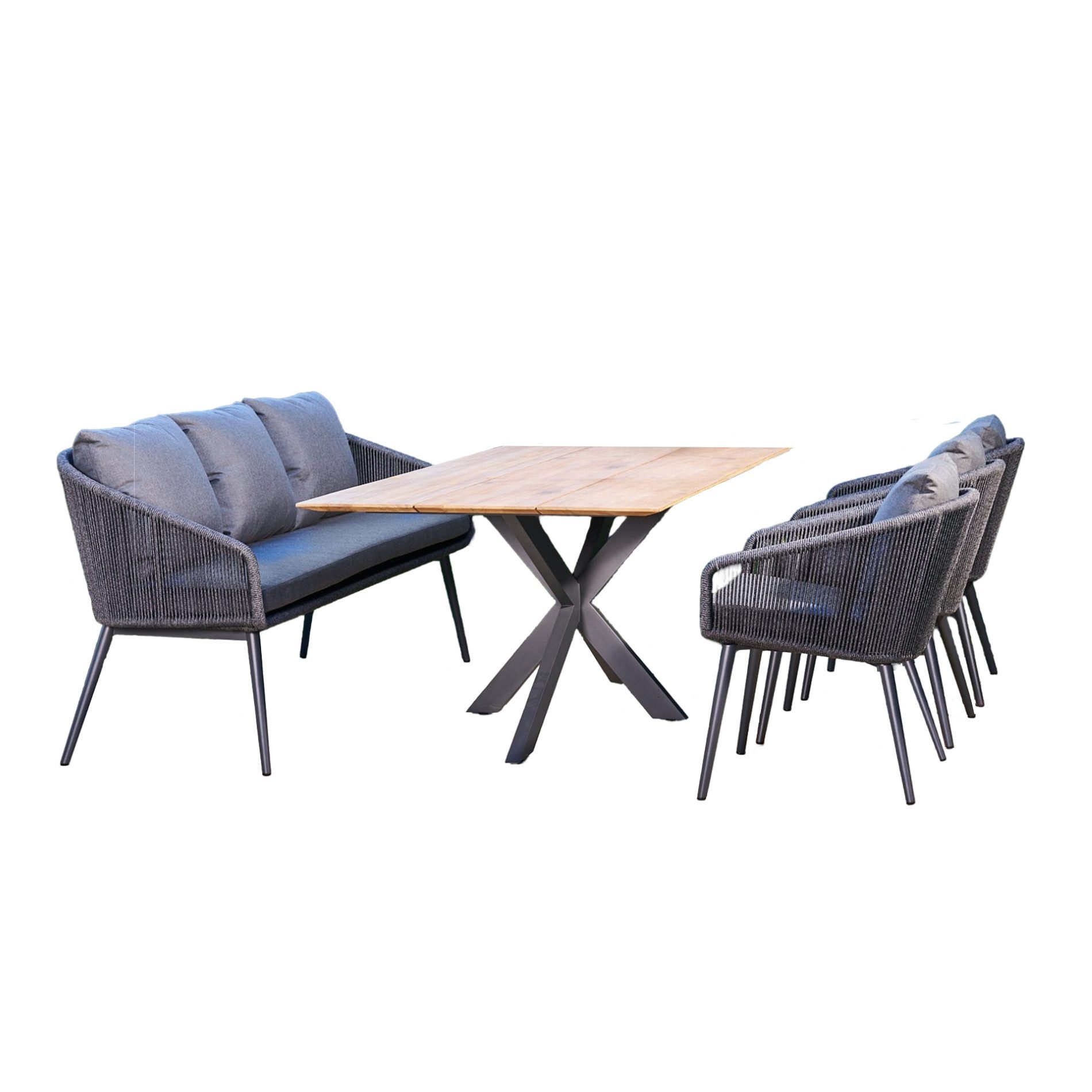 CASA DOMA Garten-Essgruppe Ribera/Alcamo, (Gartenmöbel-Set, 5-tlg., Gartentisch mit Diningbank und 3 Diningsesseln), Edelstahl anthrazit, Rope, Teakholz