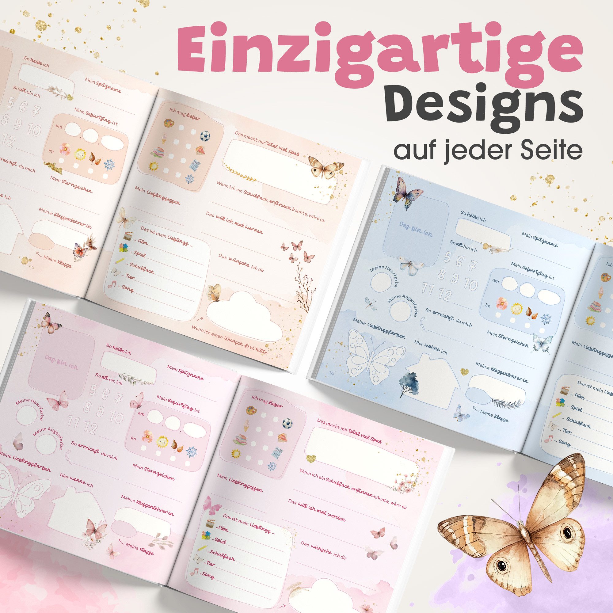 Eulentaler Freundebuch für Mädchen (Schule) I von Pädagogen gestaltet, Schmetterlinge, Blumen & Goldprägung, Geschenk für Schulkinder – Bild 5 von 5