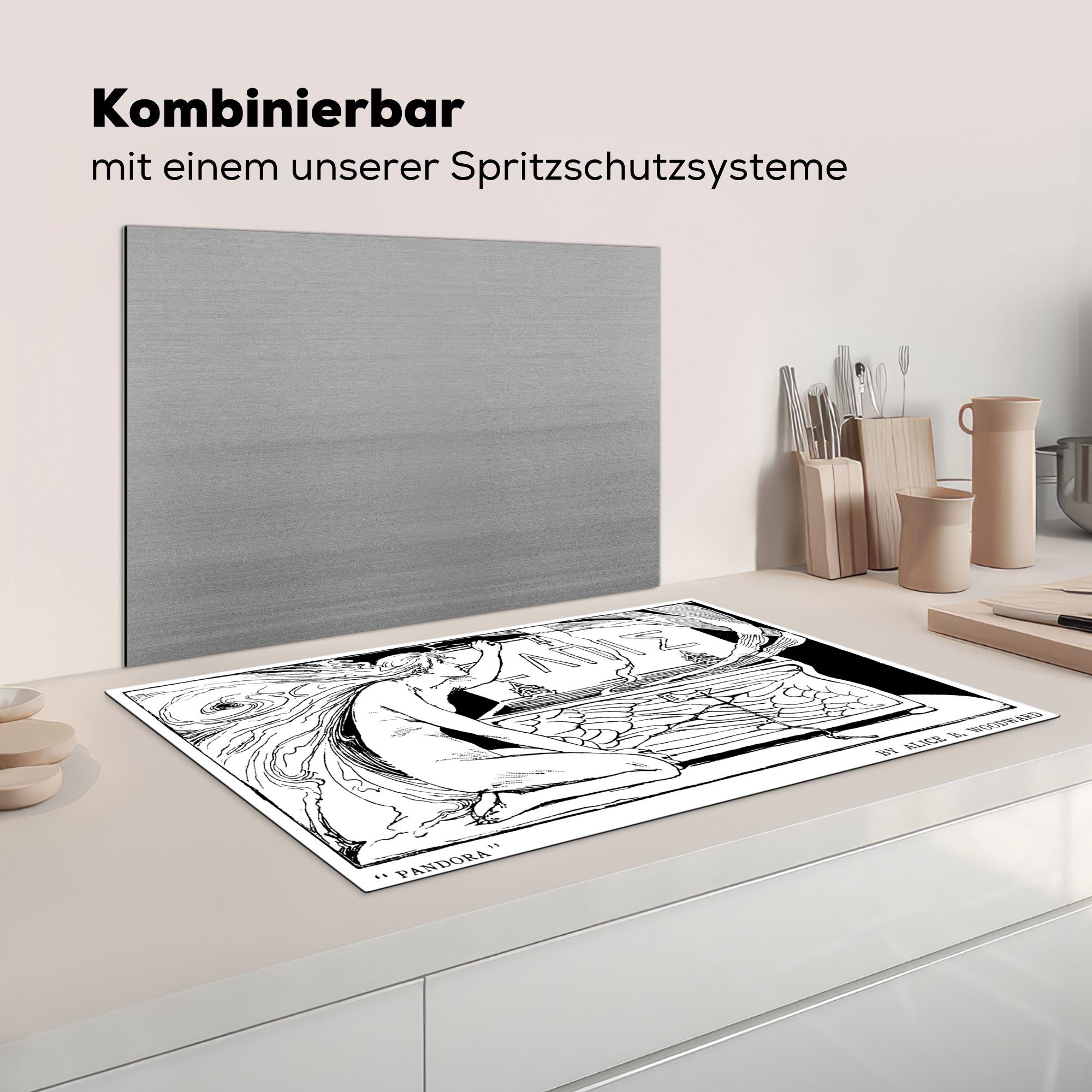 Eine der Büchse Ceranfeldabdeckung, Pandora, 83x51 der für cm, küche (1 Illustration MuchoWow Vinyl, Arbeitsplatte Herdblende-/Abdeckplatte schwarz-weiße tlg),