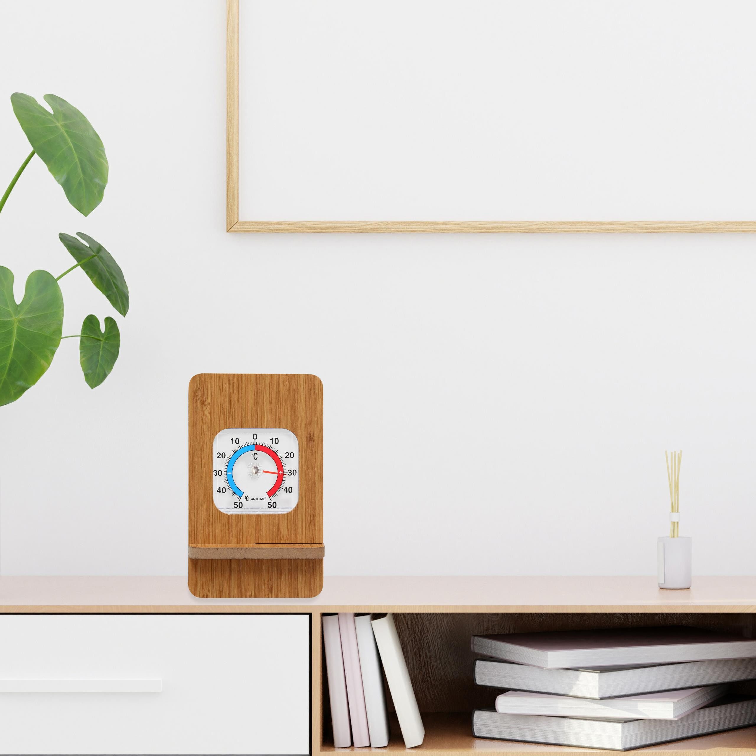 Lantelme Raumthermometer in Holzständer Farbwahl Thermometer für Innen Zimmer Analog, Temperaturanzeige + - 50°C, stehend auf Tisch Schrank Kommode