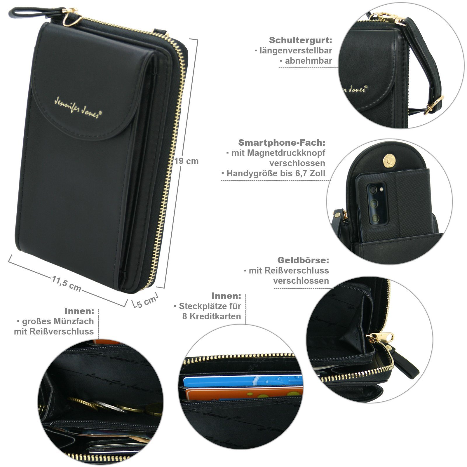 J JONES JENNIFER JONES Schultertasche 2 in 1 - Umhängetasche / Handytasche (bis 7) und Geldbörse in Einem, Handyfach