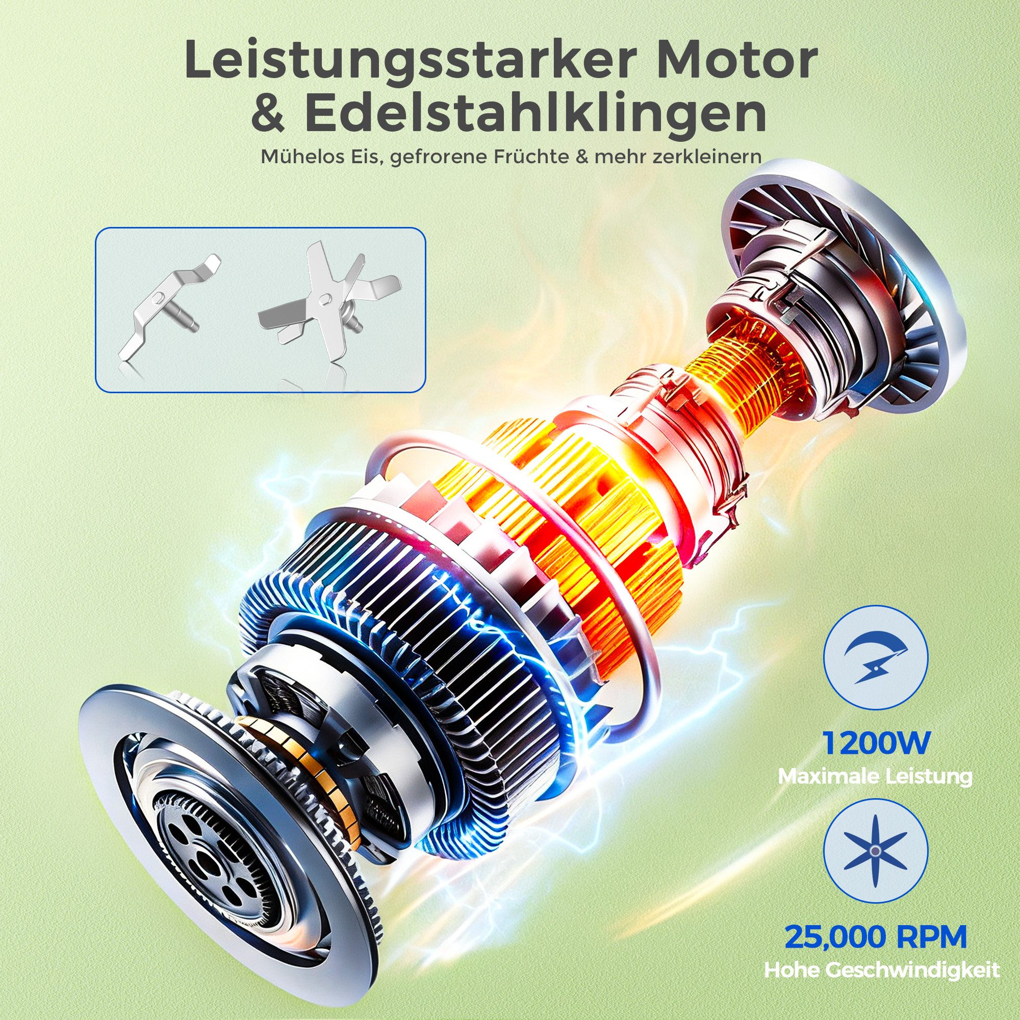 Teendow Standmixer BL916AB 3 in 1 Smoothie mixer, 1200W hochleistungsmixer, standmixer, 1200 W, 1.1L, 6 Klingen, Leicht zu tragen, Sicher, rutschfest