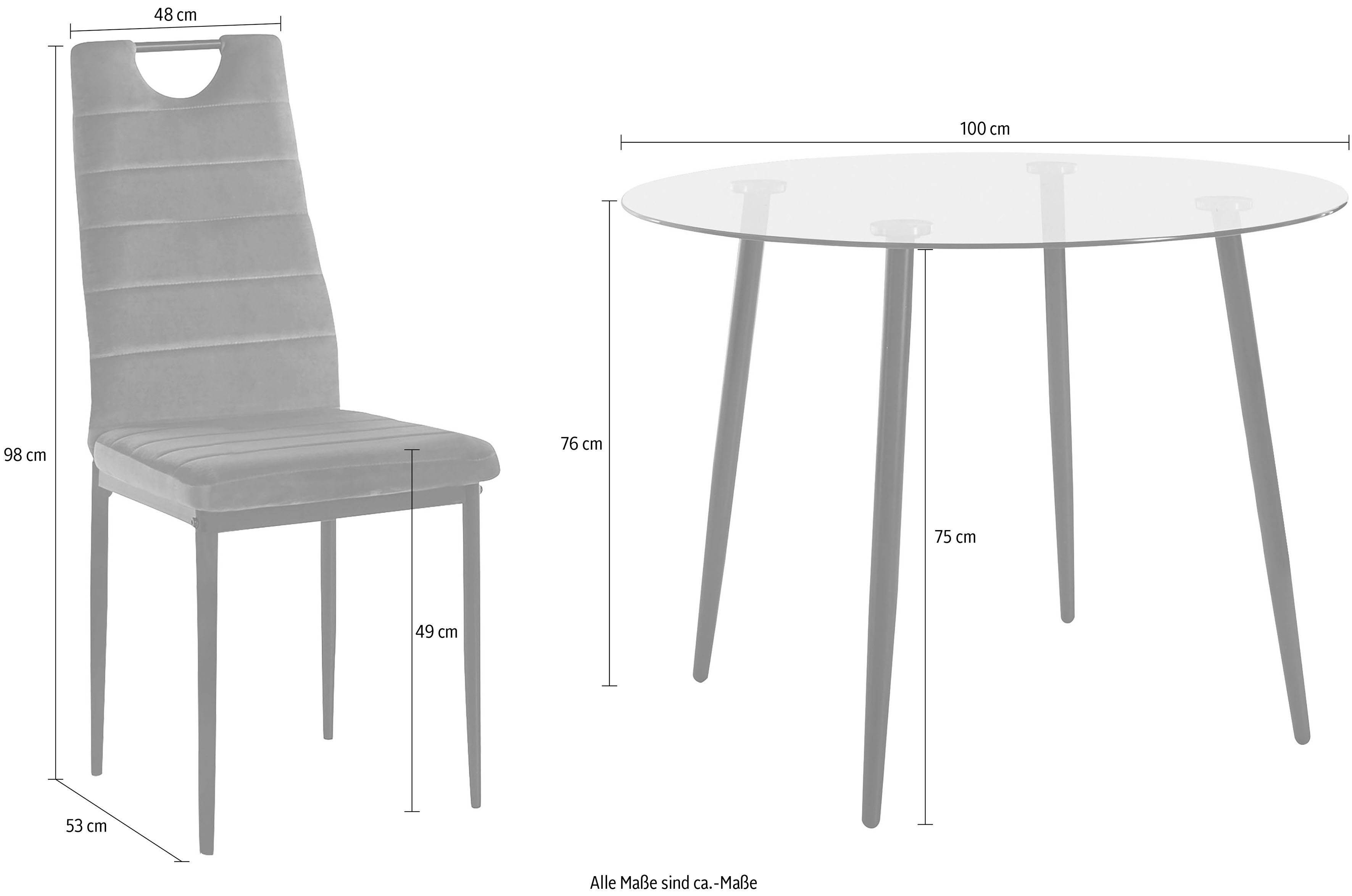 4 Ø aus 5-tlg), Esszimmerstühlen, Glastisch, 100 und Bezug cm INOSIGN (Set, schwarz Samtstoff runder Essgruppe,