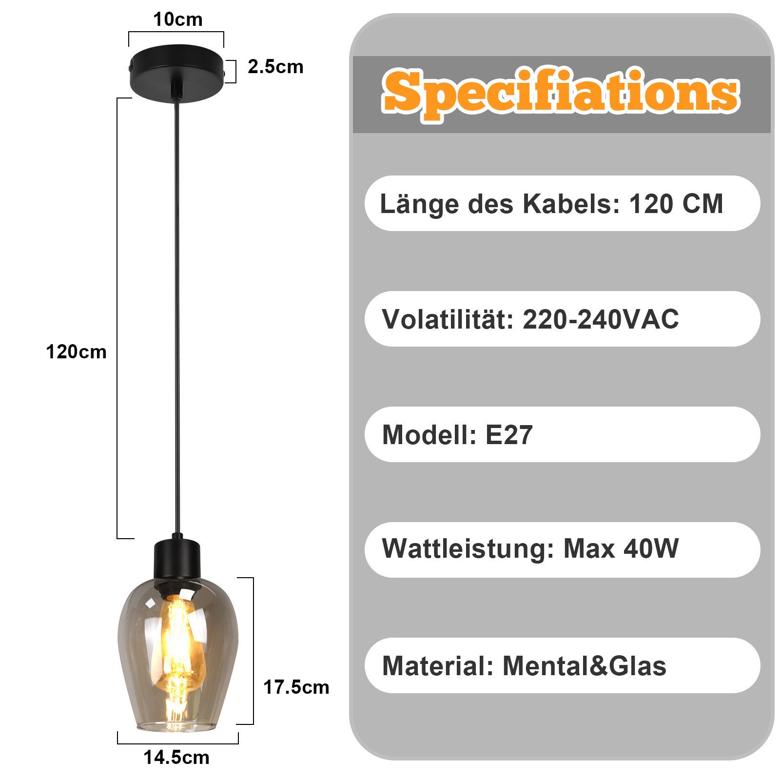Nettlife Pendelleuchte Vintage Schwarz mit 1/3/4 flammig Rauchglas-Schirmen Hängelampe E27, Höhenverstellbar, LED wechselbar, Esstischlampe für Wohnzimmer Küche