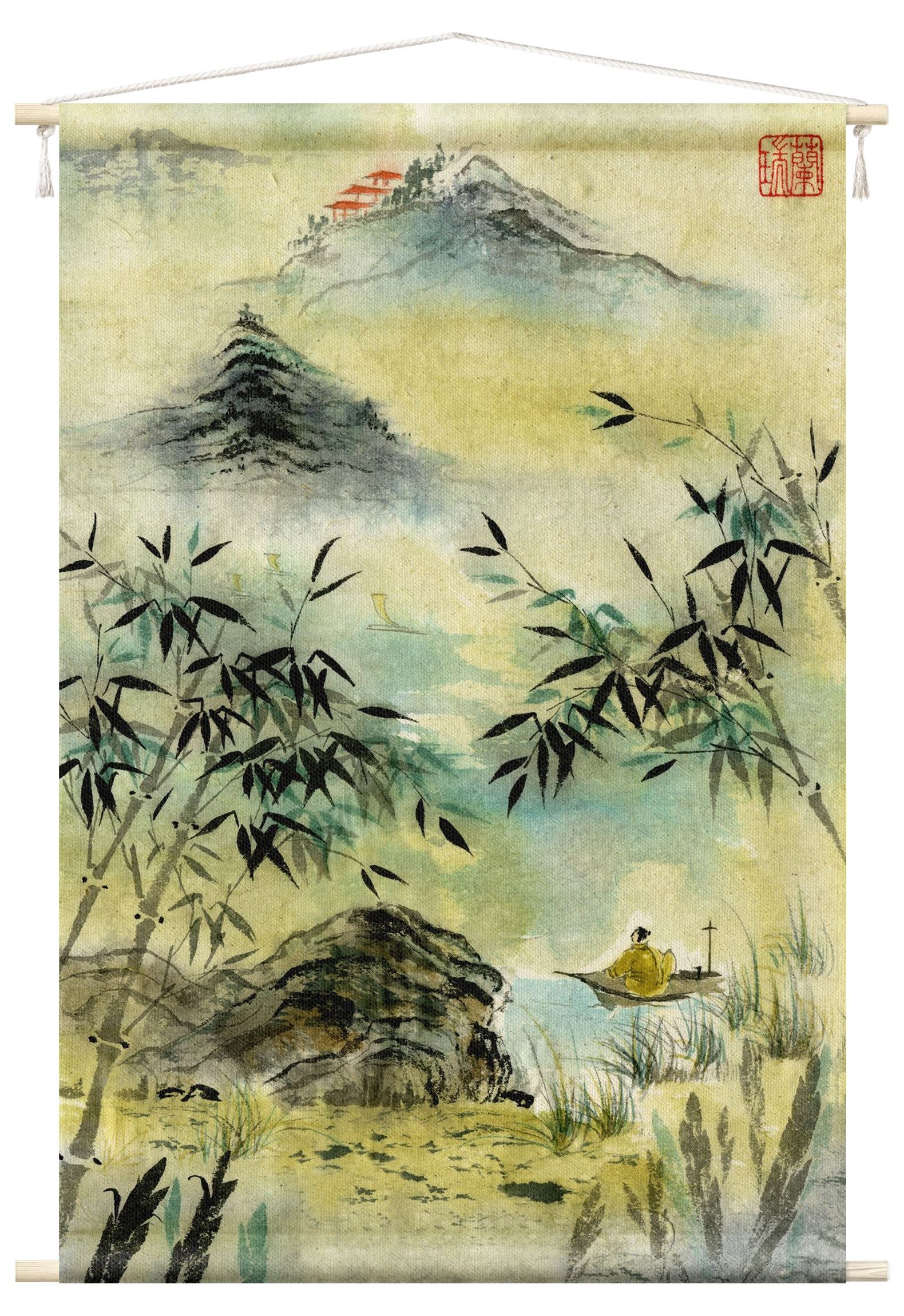 Bilderdepot24 Wandteppich modern Wald Aquarell Natur Vintage Städte gelb, rechteckig, Höhe: 2.6 mm, großes Wandbild aus Natur-Baumwolle Wandbehang Stoffbild Tuch Wollseil