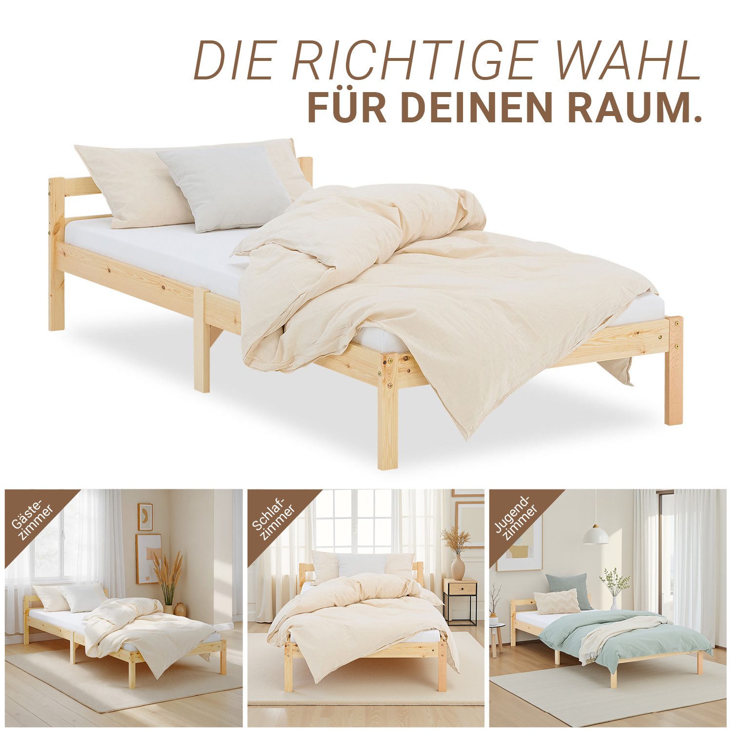 Homestyle4u Palettenbett 90x200 Futonbett Einzelbett Kinderbett Kiefer Natur Lattenrost Set (Set, mit Lattenrost), Naturbelassen, 90x200