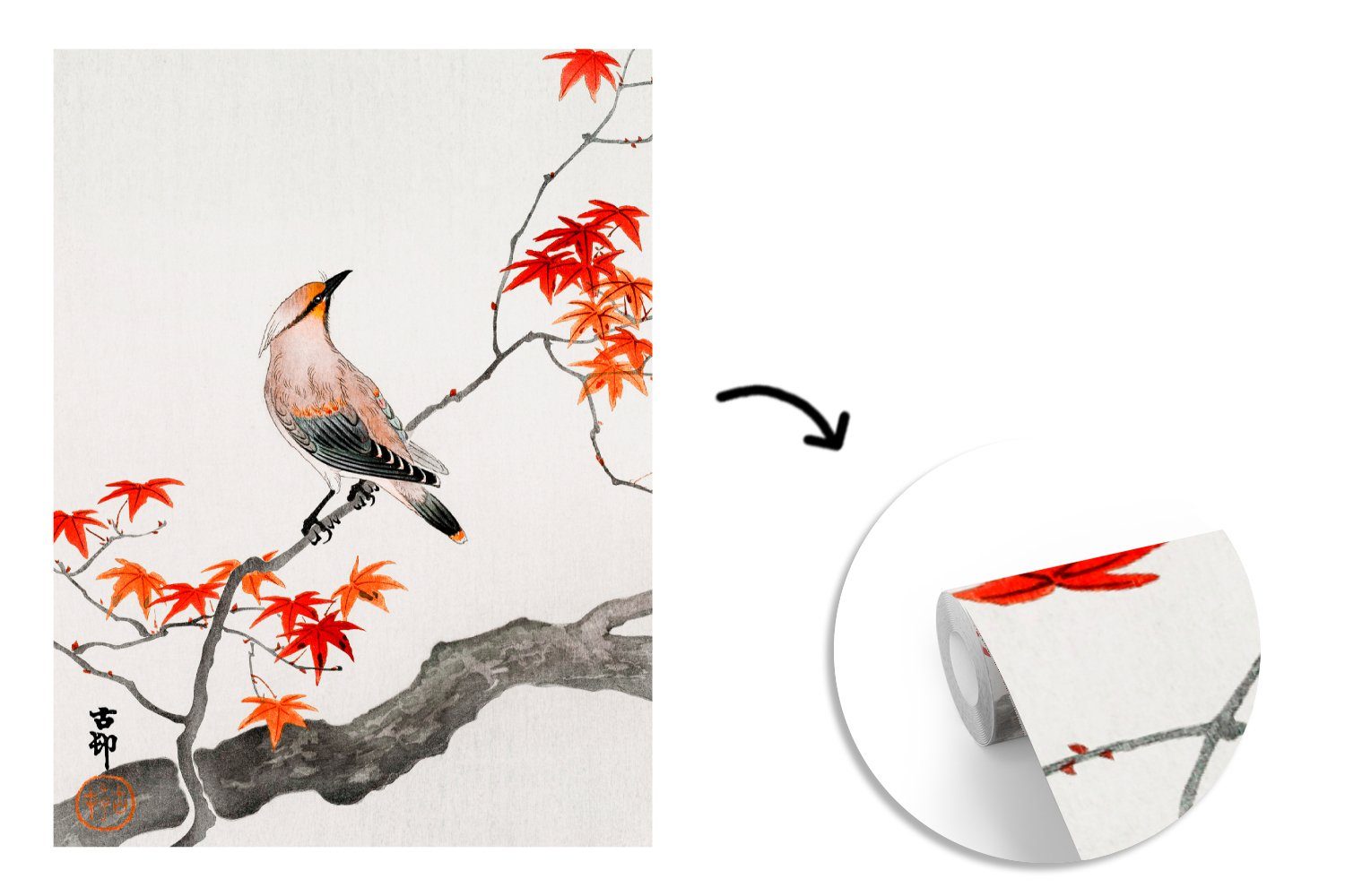 Baum bedruckt, Ahorn St), MuchoWow Matt, - Montagefertig Wandtapete Japanischer - Vintage, Fototapete Tapete - Vinyl Wohnzimmer, Vogel für (4