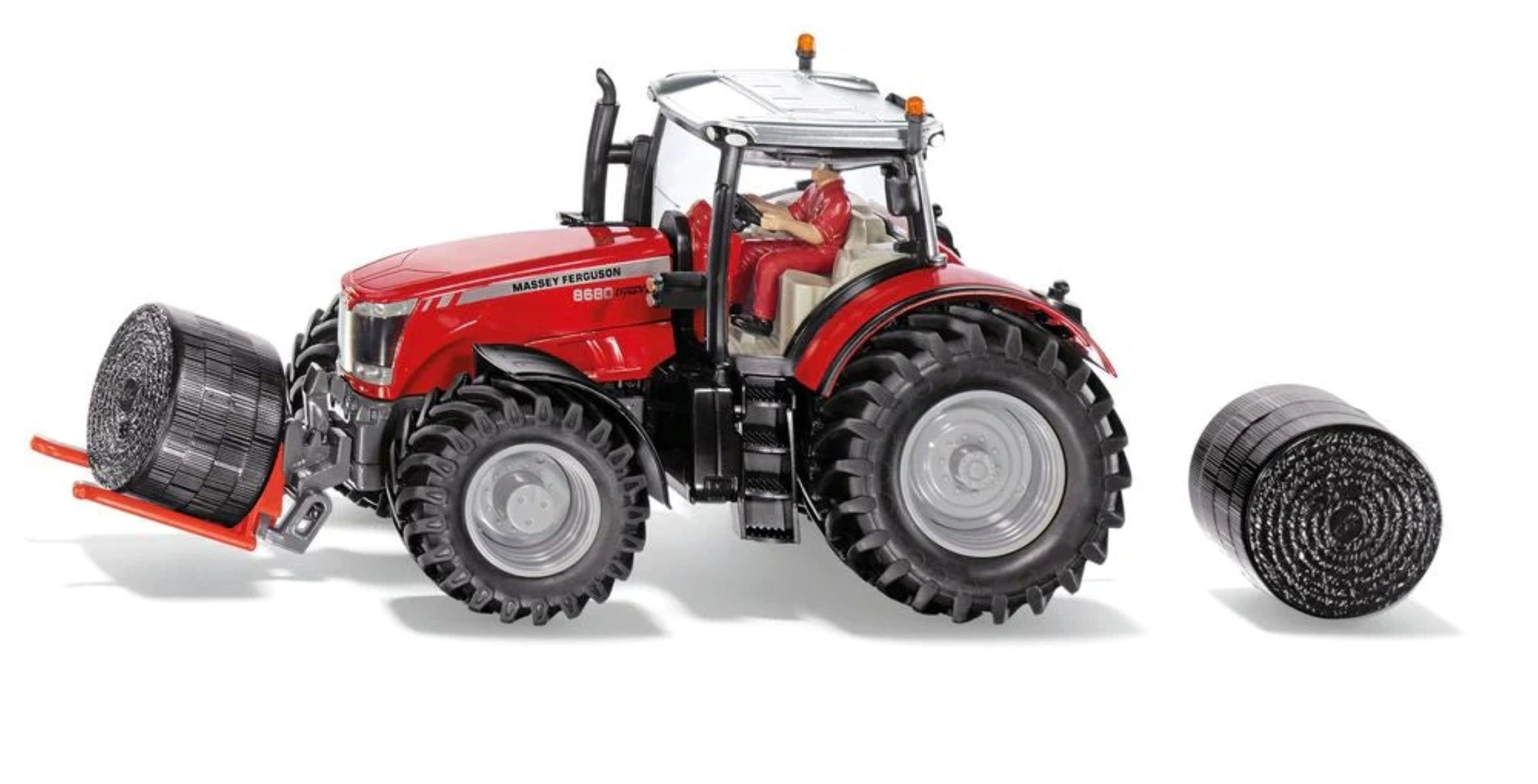 SIEPER Modelltraktor Siku Massey Ferguson MF8680 mit Ballentransportgabel und 2 schwarzen B, Maßstab 1:32