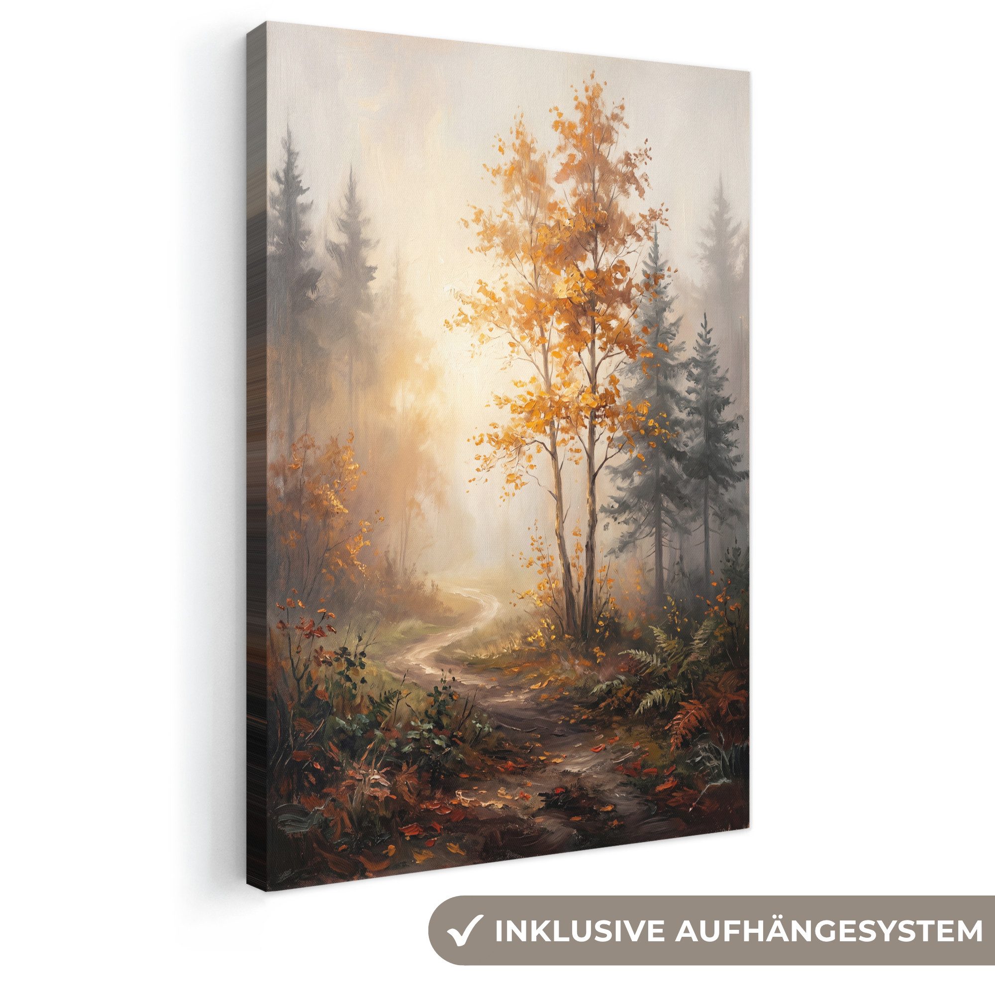 OneMillionCanvasses® Leinwandbild Waldweg - Herbstlaub - Natur - Landschaft - Orange, Fotodruck (1 St), Leinwand Canvas Wandbild, Wanddekoration 20x30 cm