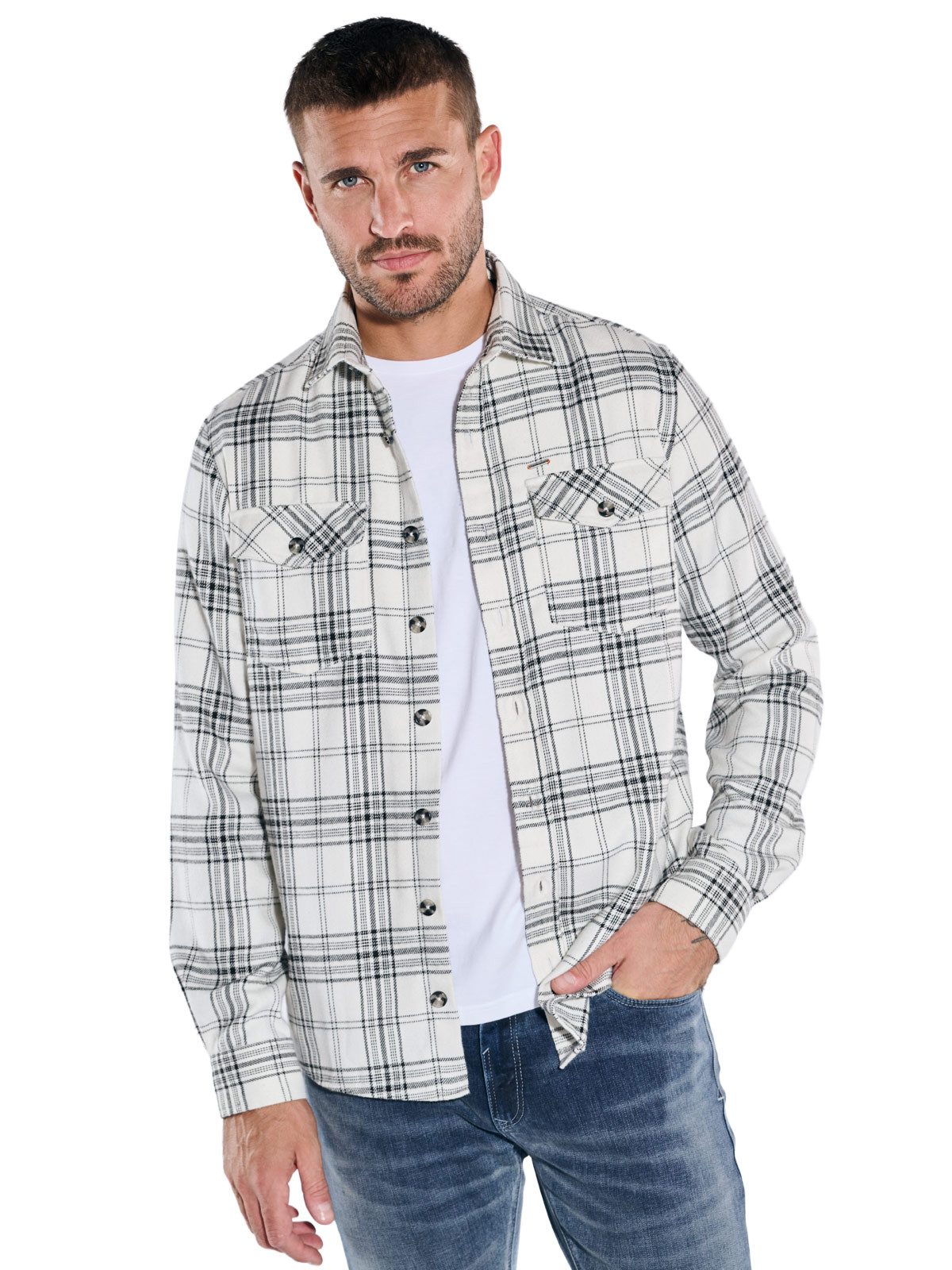 emilio adani Langarmhemd emilio adani Herren Overshirt kariert, Naturweiss