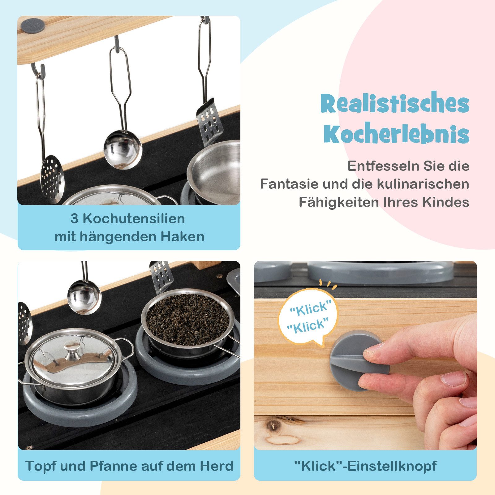 COSTWAY Outdoor-Spielküche Holz, Matschküche Kinder Outdoor mit Zubehör, Holz