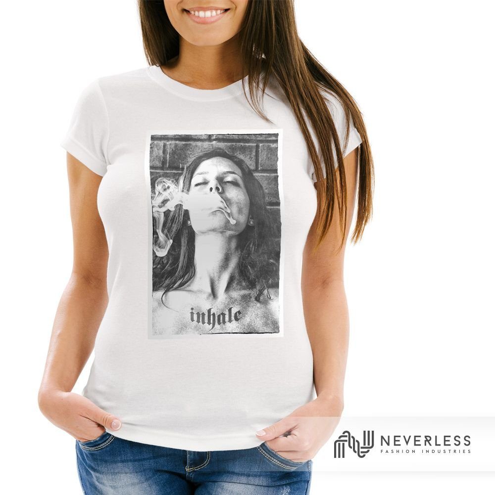 Weed Damen Rauchen T-Shirt mit Fit mit Print-Shirt Slim Print Neverless® Inhale Frauen Neverless Print
