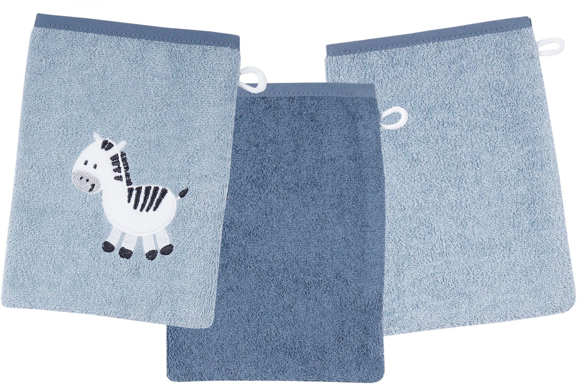 Wörner Waschhandschuh Zebra blau Waschhandschuh 3er Set, (3-St), 1x mit süßer Zebrastickerei, 2x unifarben