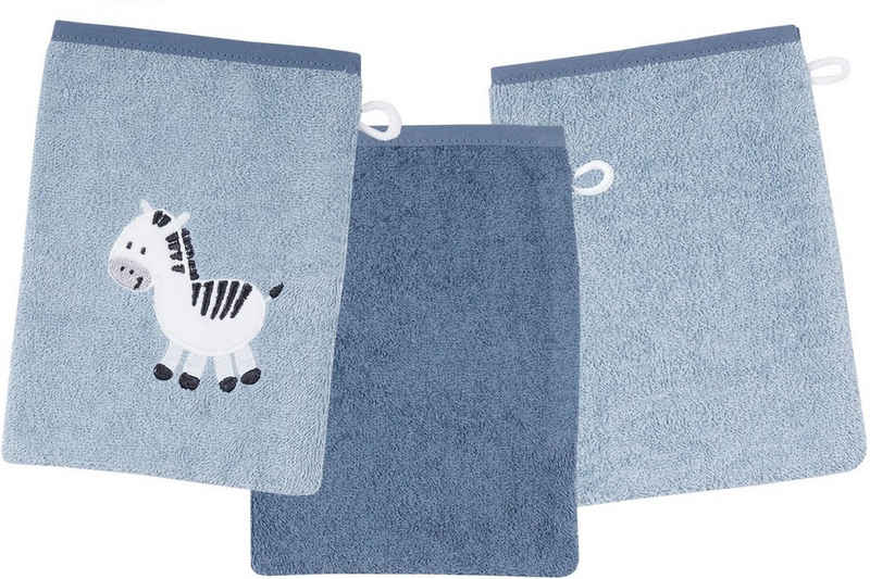 Wörner Waschhandschuh Zebra blau Waschhandschuh 3er Set, (3-St), 1x mit süßer Zebrastickerei, 2x unifarben