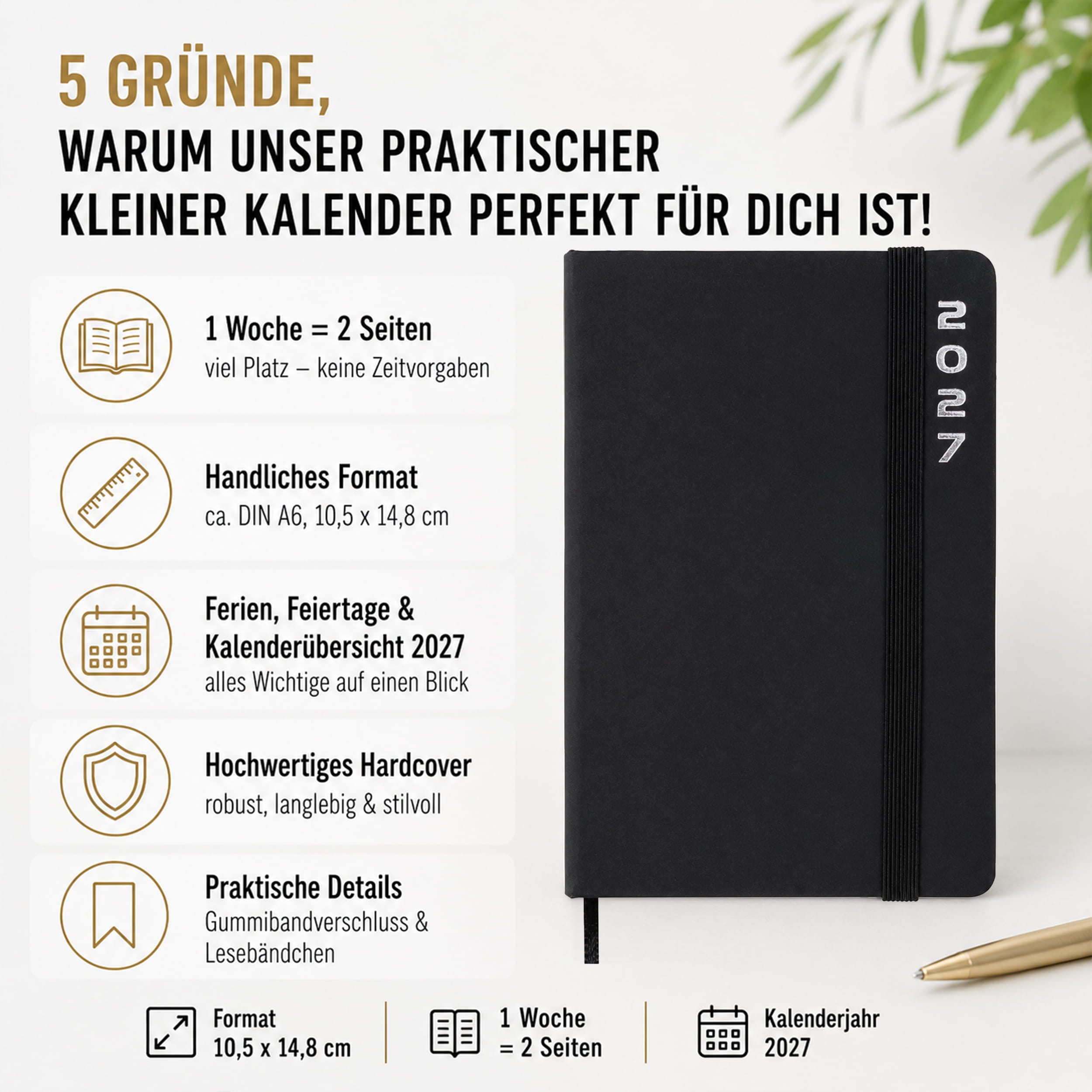 AMLI Taschenkalender Taschenkalender 2027 A6 mit Gummiband 1 Woche 2 Seiten Schwarz, Gummiband, Folienprägung, Leseband, Ferien & Feiertage – Bild 2 von 5