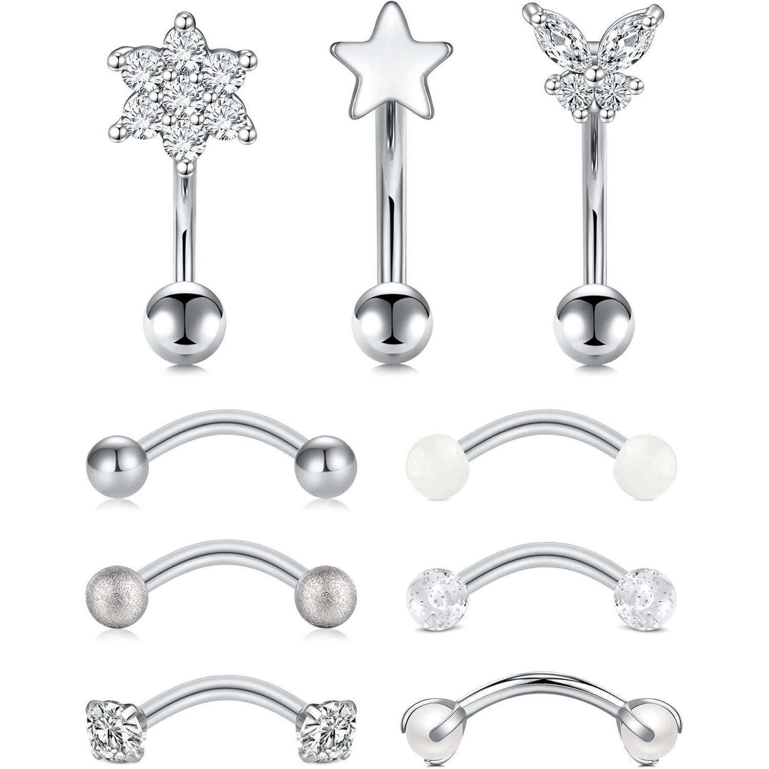 Rajnard Augenbrauenpiercing-Set 9-10 Stück Augenbrauenpiercing Rook Piercing Ohrringe 16G 8mm