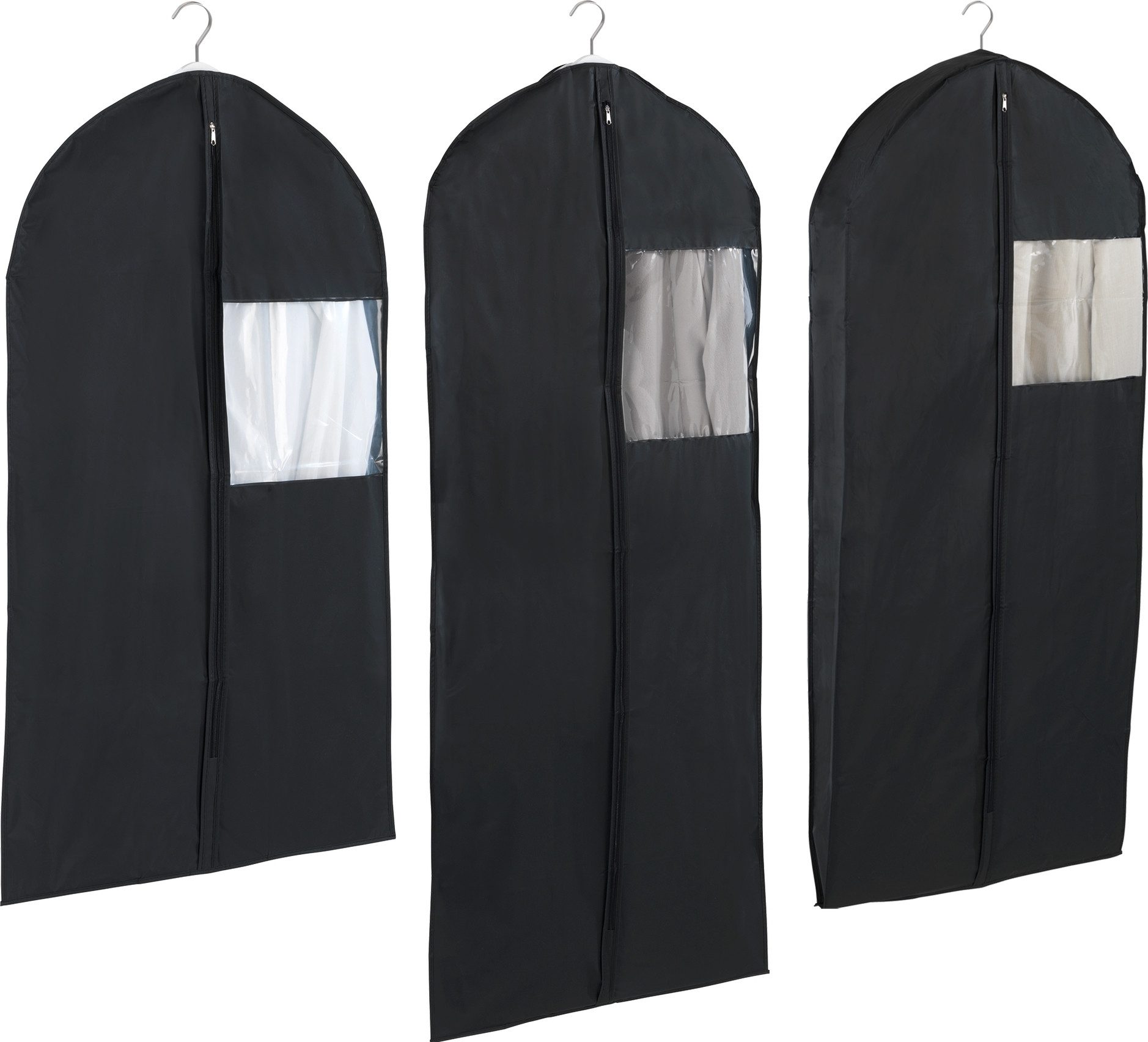 WENKO Kleidersack Modell Deep Black (Set, 3 St) Kleiderhülle mit Sichtfenster & Reißverschluss, abwaschbar, 3 Größen