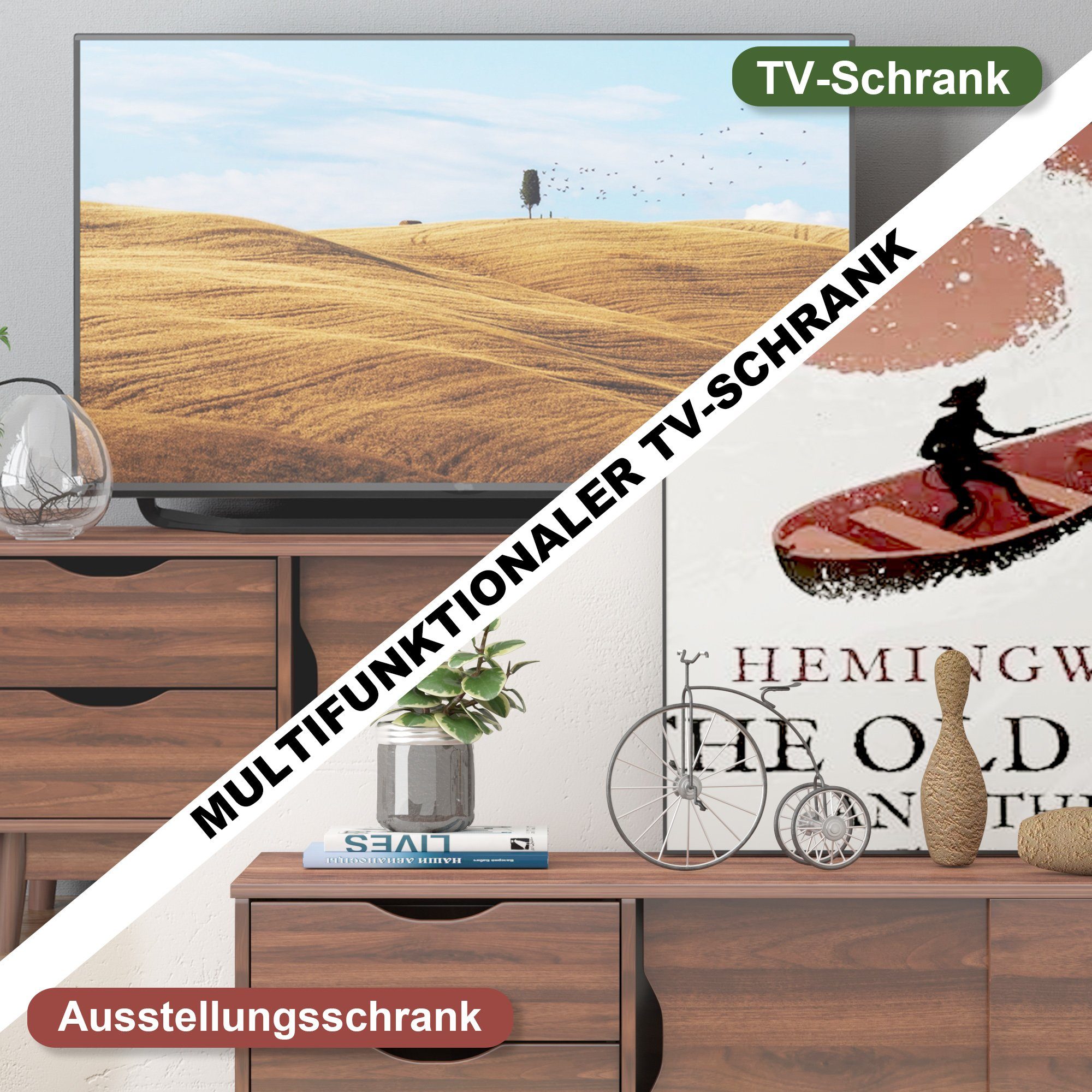 COSTWAY TV-Schrank mit & 120 cm 2 2 Schubladen Walnuss Schiebetüren
