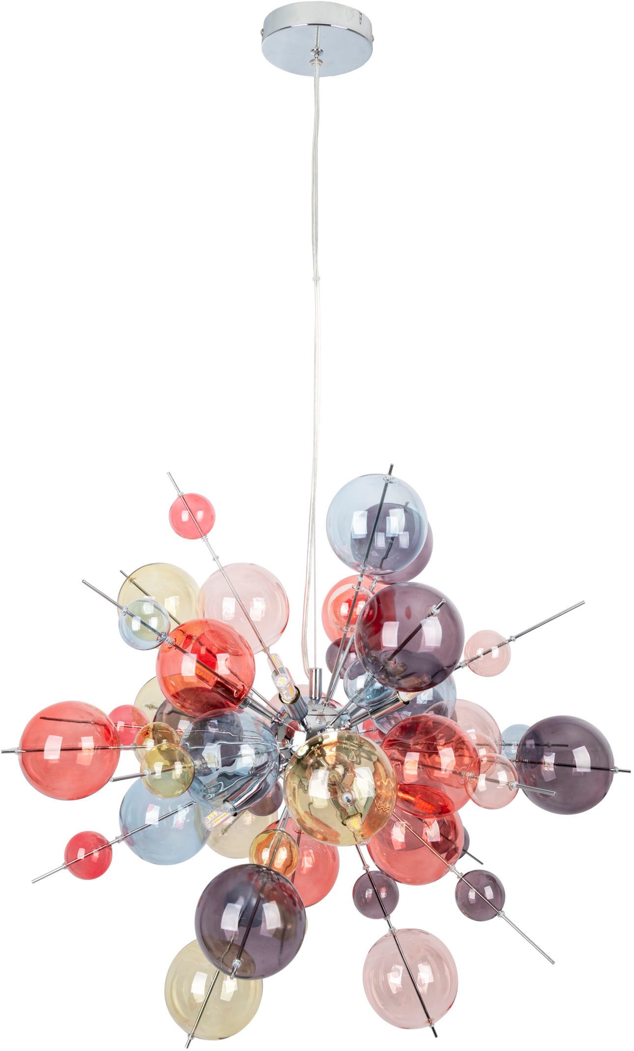 näve Pendelleuchte Explosion, ohne Leuchtmittel, kleine und große pastellfarbene Glaskugeln, 10x G9 exkl., Pendel klar