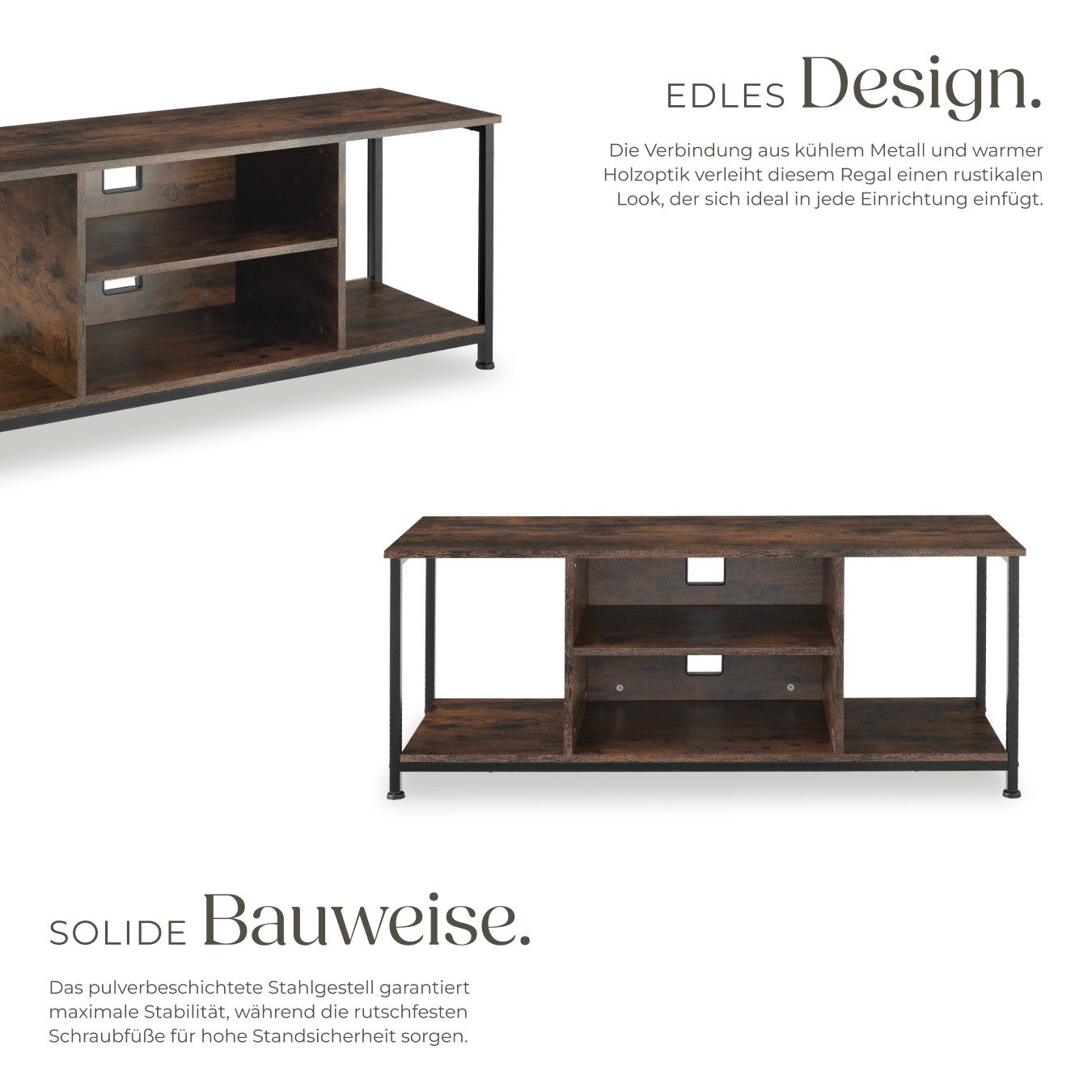 tectake Lowboard TV-Schrank, 120 x 40 x 50,5 cm, höhenverstellbare Kunststofffüße (Fernsehboard Denver, in Industrial Holz dunkel, rustikal), Holz und Stahl, verstellbarer Einlegeboden und Kabelaussparungen