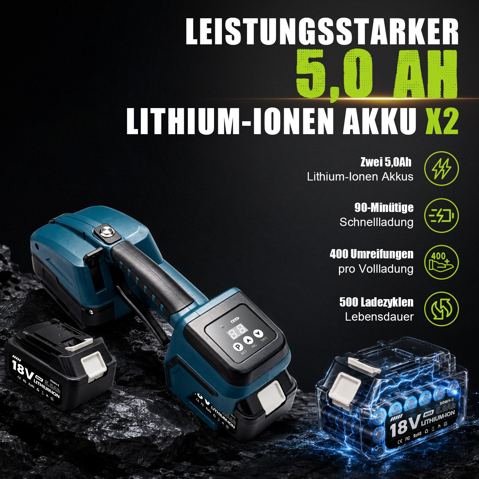 XERSEK Elektrowerkzeug-Set 3500N Elektrische Umreifungsmaschine Umreifungsgerät mit 2×5Ah Akku, Set, 10-tlg., 10Gang mit Digitaldisplay für 10-16mm PET/PP Umreifungsband, Packwerkzeug für Boxen und Paletten
