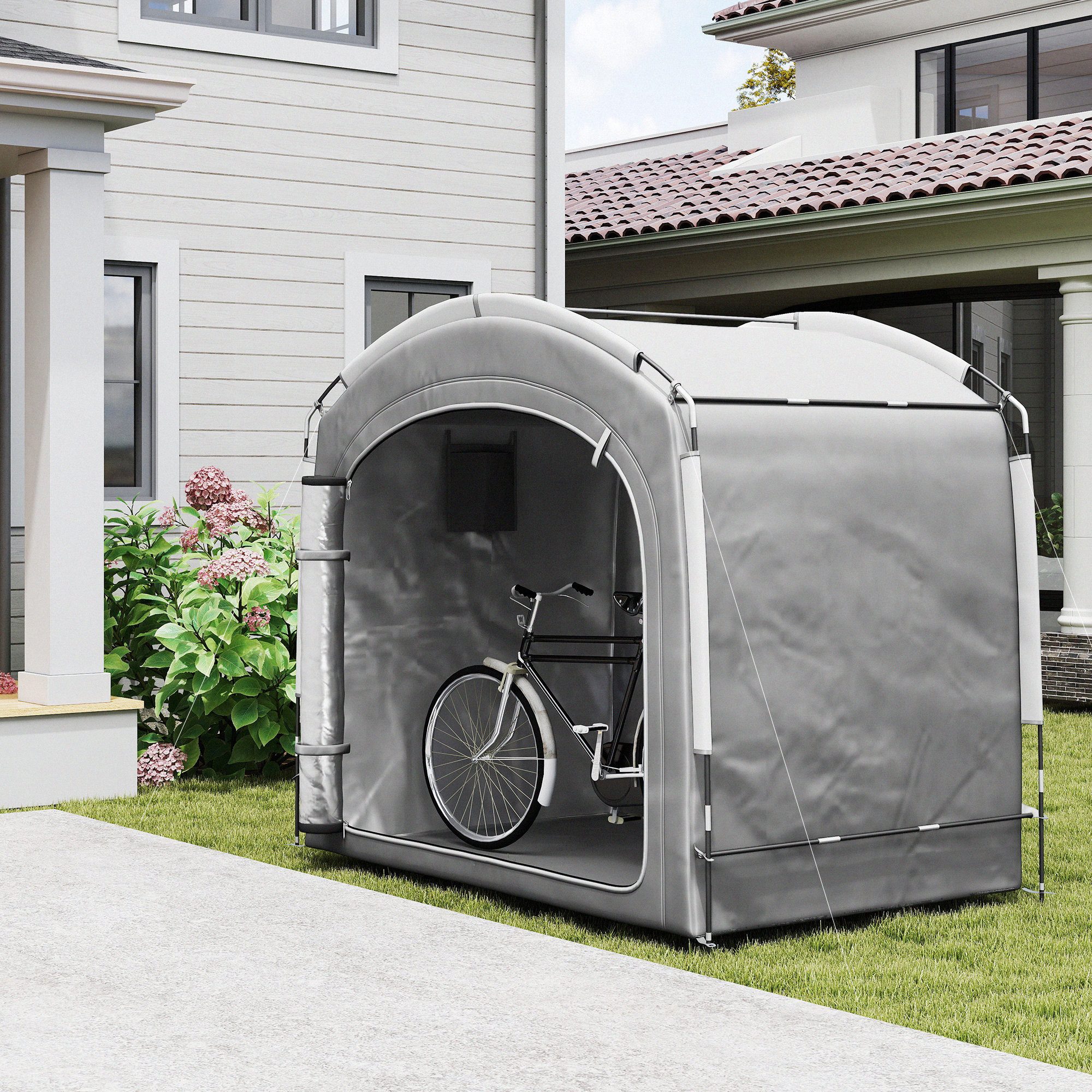 Outsunny Gerätezelt Wasserdicht, mit Silberbeschichtung, Reißverschlusstür, Personen: 4 (UPF 50+ Tragbar Fahrradgarage, 1 tlg., Fahrradzelt für 3-4 Fahrräder), für den Garten, 220 x 150 x 195 cm, Dunkelgrau