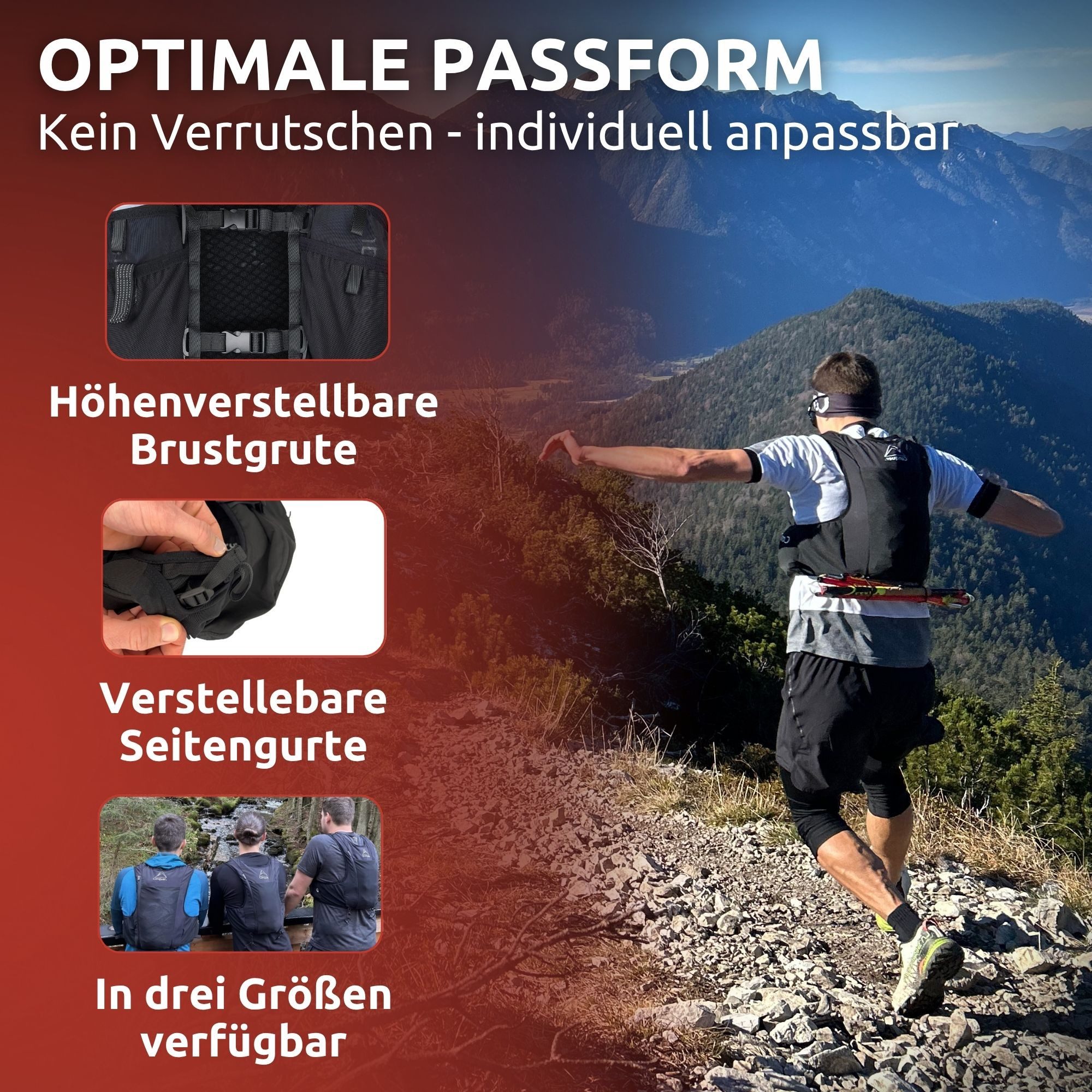 Conquer. Trinkrucksack 5L Damen & Herren – Ultraleichte Laufweste, Laufrucksack, Kangoroofach, Fronttaschen, Reißverschlussfach