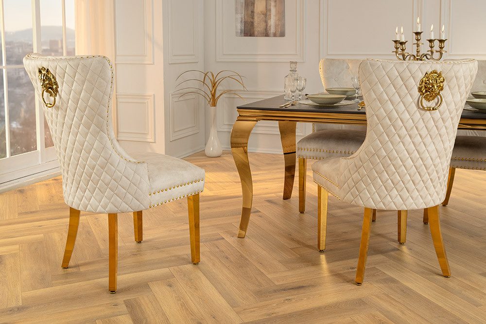 riess-ambiente Esszimmerstuhl CASTLE DELUXE beige/gold - Samt, Edelstahl, Löwenkopf-Griff (Einzelartikel, 1 St), glamouröser Stuhl mit Nieten - ideal für Deinen Barock-Look
