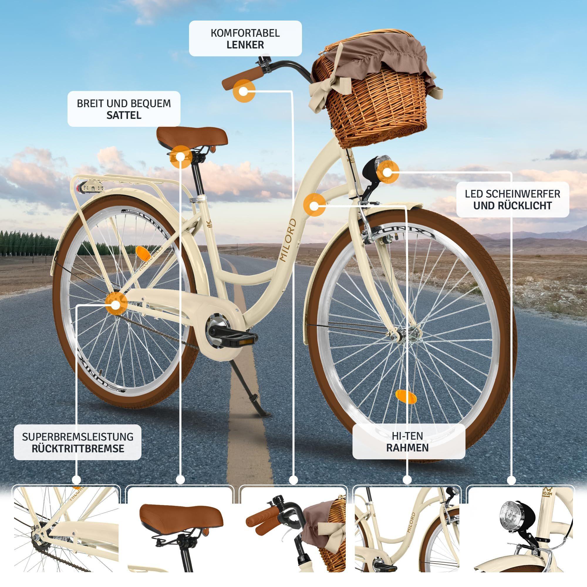 Milord Cityrad Fahrrad Weidenkorb Damenfahrrad 28 Zoll, 1 Gang, (Fahrradständer, Gepäckträger, Klingel, Korb, Kotflügel), Beige-Braun 1-Gang