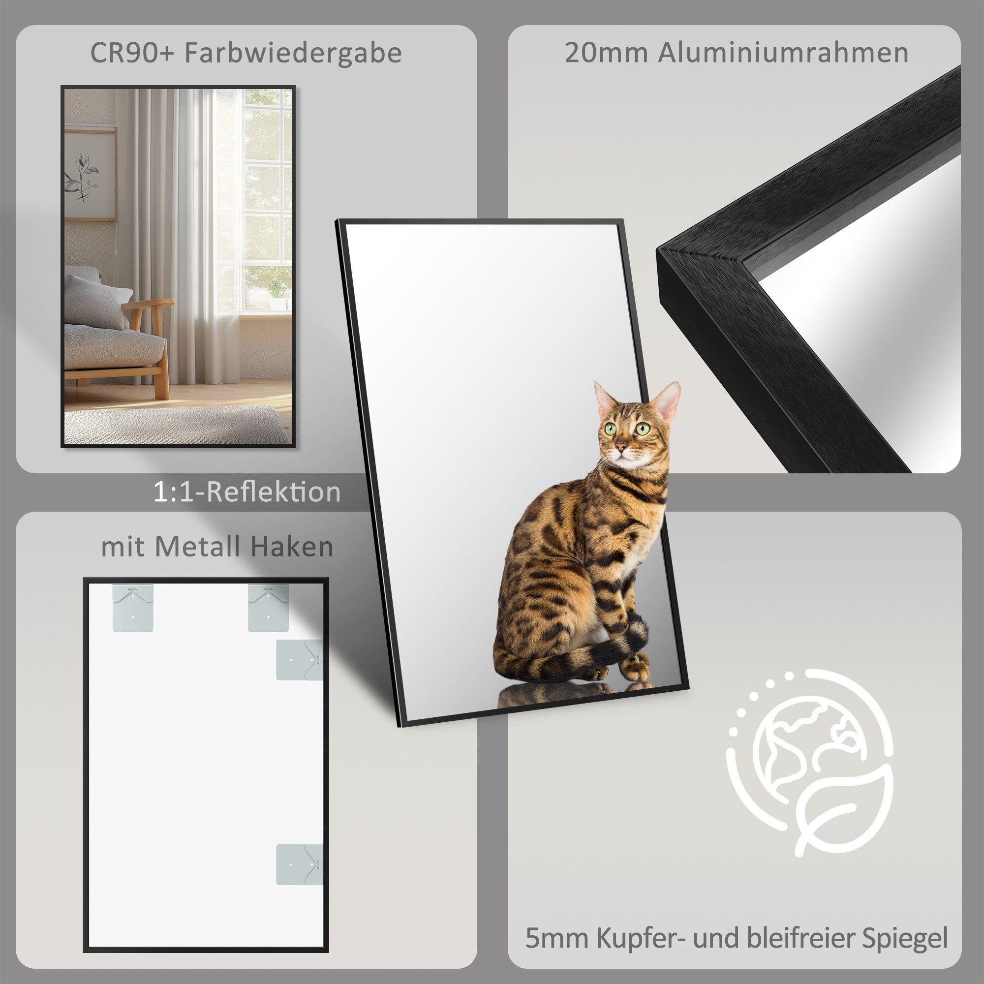 Boromal Wandspiegel Spiegel Schwarz Bad Wand Metall Rahmen 50x70 80x60 100x60 120x70 eckig (Badspiegel Badezimmerspiegel, HD Kupfer- und bleifreier Spiegel, mit Metall Haken), Vertikal Horizontal möglich, Freistehend,Wand montierbar