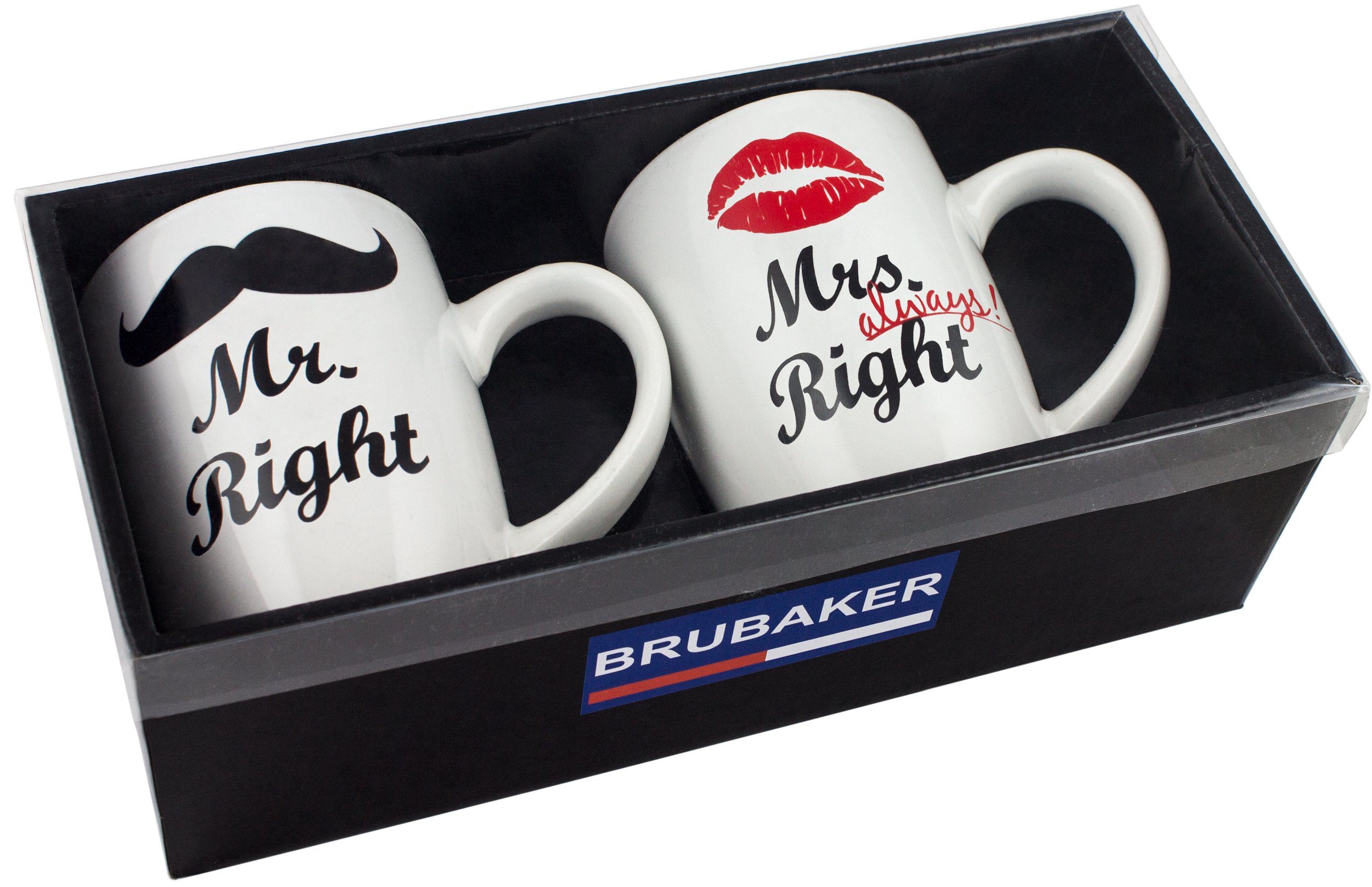BRUBAKER Tasse 2er-Set Kaffeetassen Mr. Right & Mrs. Always Right, 4-tlg., Keramik, Kaffeebecher in Geschenkpackung mit Grußkarte, Becher Tassen für Paare – Bild 4 von 5