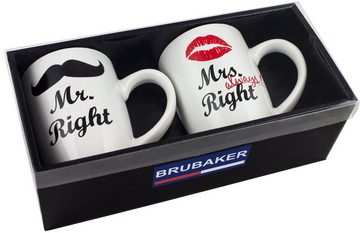 BRUBAKER Tasse 2er-Set Kaffeetassen Mr. Right & Mrs. Always Right, Keramik, Kaffeebecher in Geschenkpackung mit Grußkarte, Becher Tassen Geschenkset für Paare