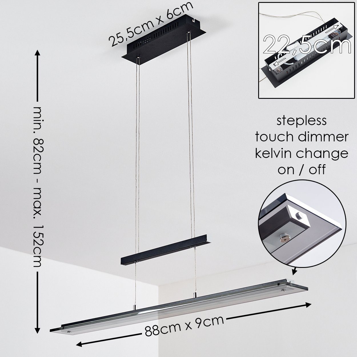 hofstein Pendelleuchte Tastdimmer in 1200 höhenverstellbare Glas, 3000 Höhe über max. Metall und stufenlos Lumen, aus schwarz Kelvin, 152cm, »Nerano« Hängelampe dimmbar