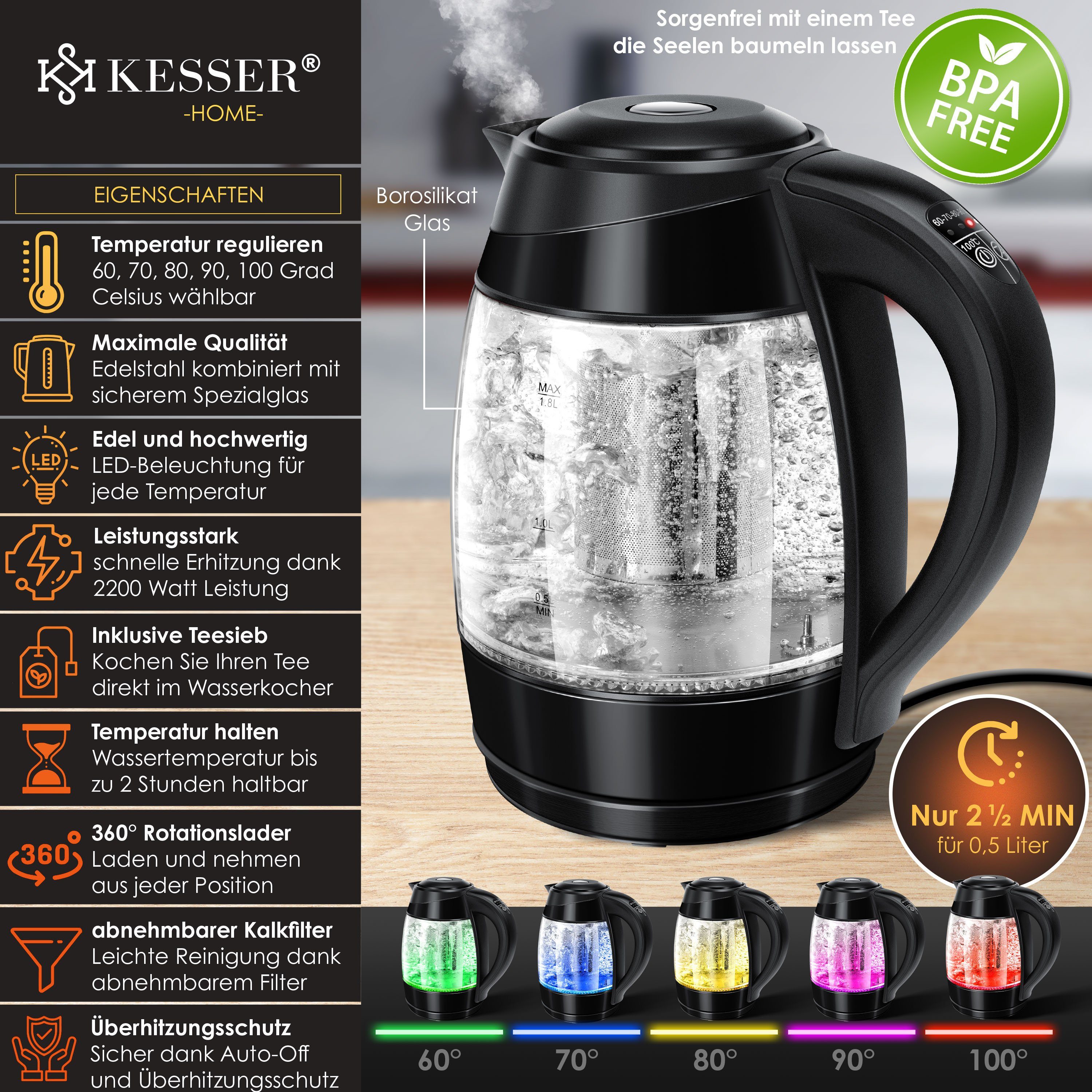 KESSER Wasserkocher, 1.8 l, 2200 W, 1,8L Edelstahl Wasserkocher 2200W Glaswasserkocher