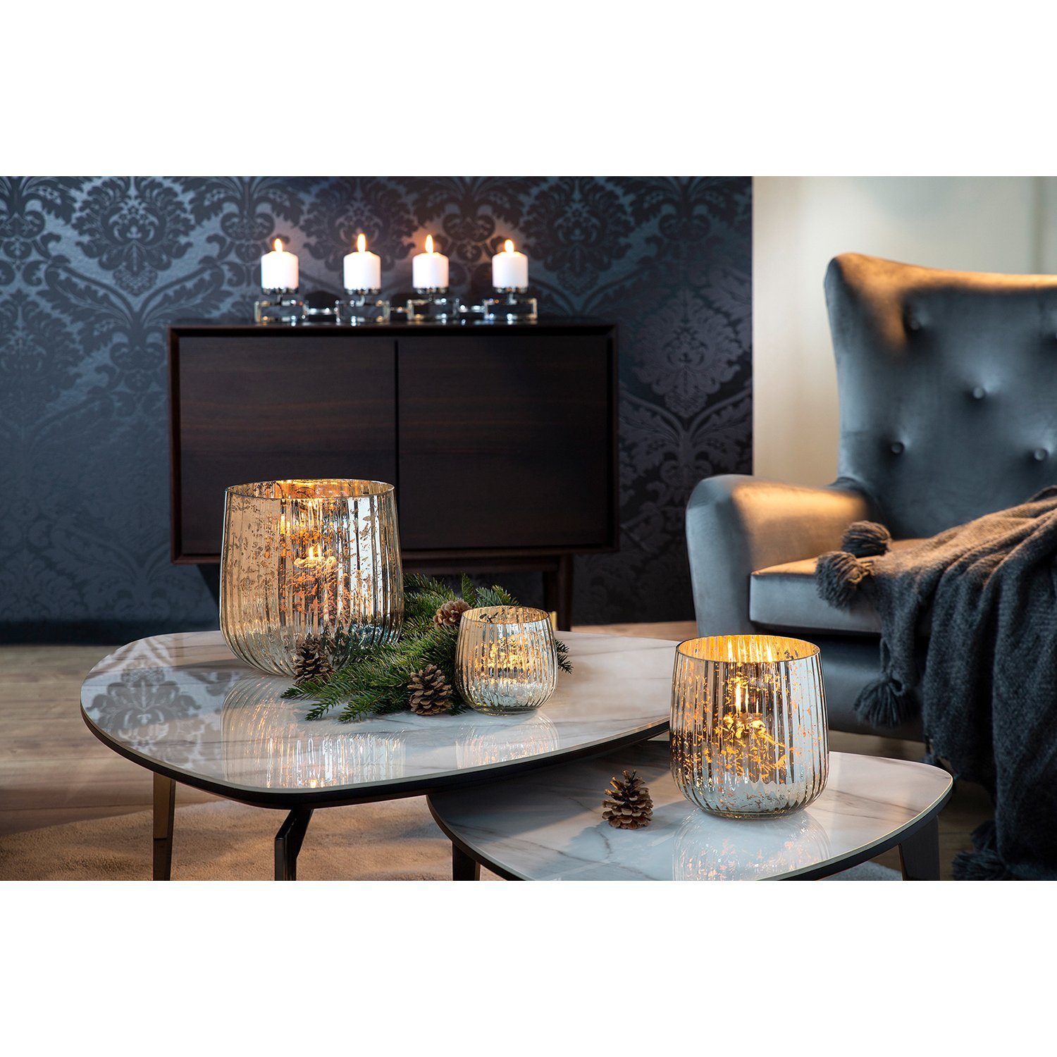 Fink Windlicht DARCY Windlicht - H. 18cm x Ø 18cm - antik silber - Glas (1 günstig online kaufen