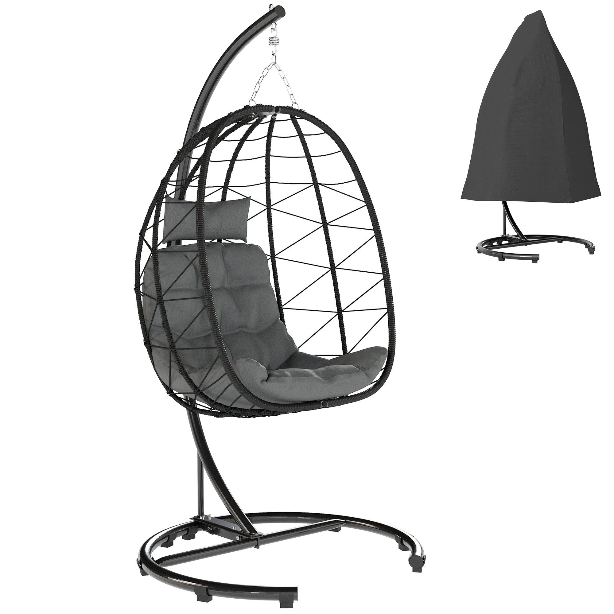 Outsunny Schaukelstuhl Hängesessel Rattan Hängestuhl 195 cm Höhe (Schaukelkorb, 1 St), für Terrasse, Garten bis zu 150 kg, Dunkelgrau