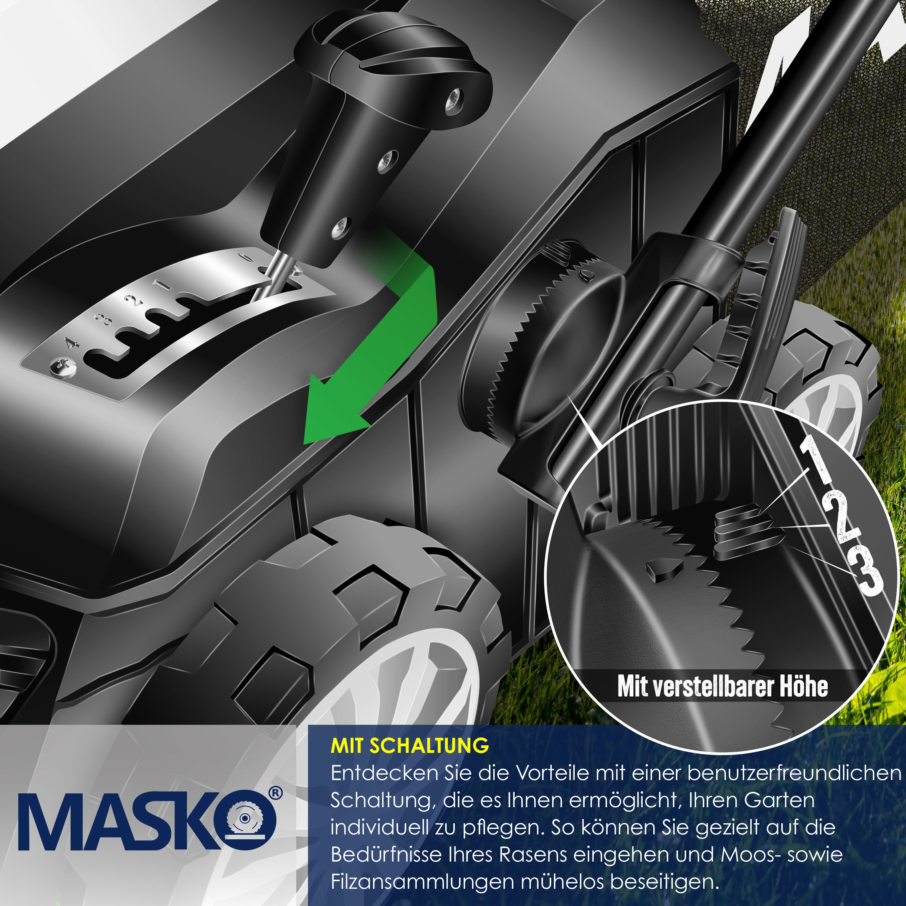 MASKO Elektro-Vertikutierer 2in1 Rasenlüfter 1800W, 5-stufige Arbeitstiefe, 40 cm Arbeitsbreite, Moosentferner mit 55L Fangkorb, 20 Stahlmesser höhenverstellbarer Holm