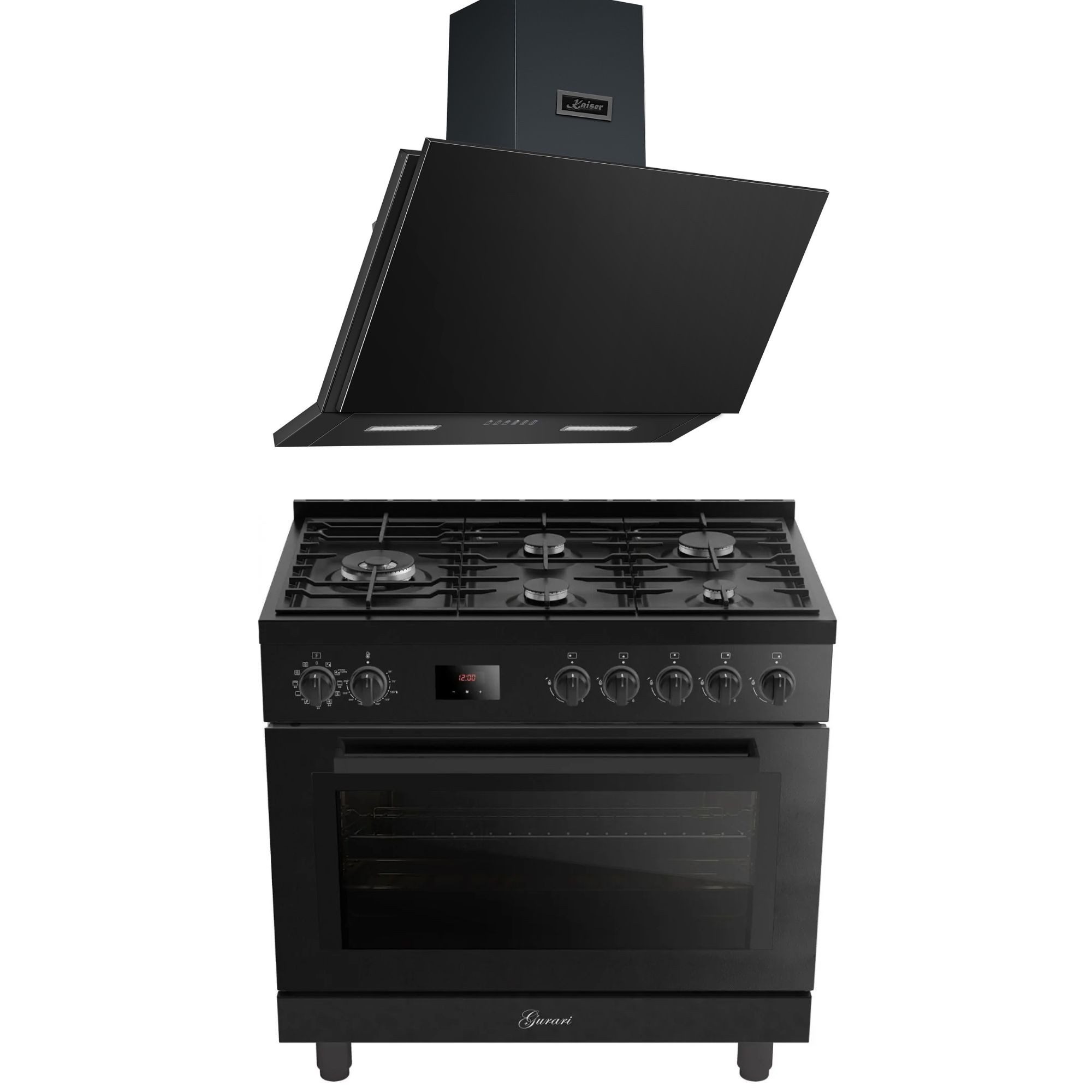 GURARI Gasherd-Set Gas Elektro Standherd 90 cm 126 L Erdgas Fl.Gas 4 Kw WOK Schwarz+Dunstabzugshaube 90cm 1250m³/h Schwarzes Metall GCH E 818 BL+AT 9455 NS, mit 1-fach-Teleskopauszug