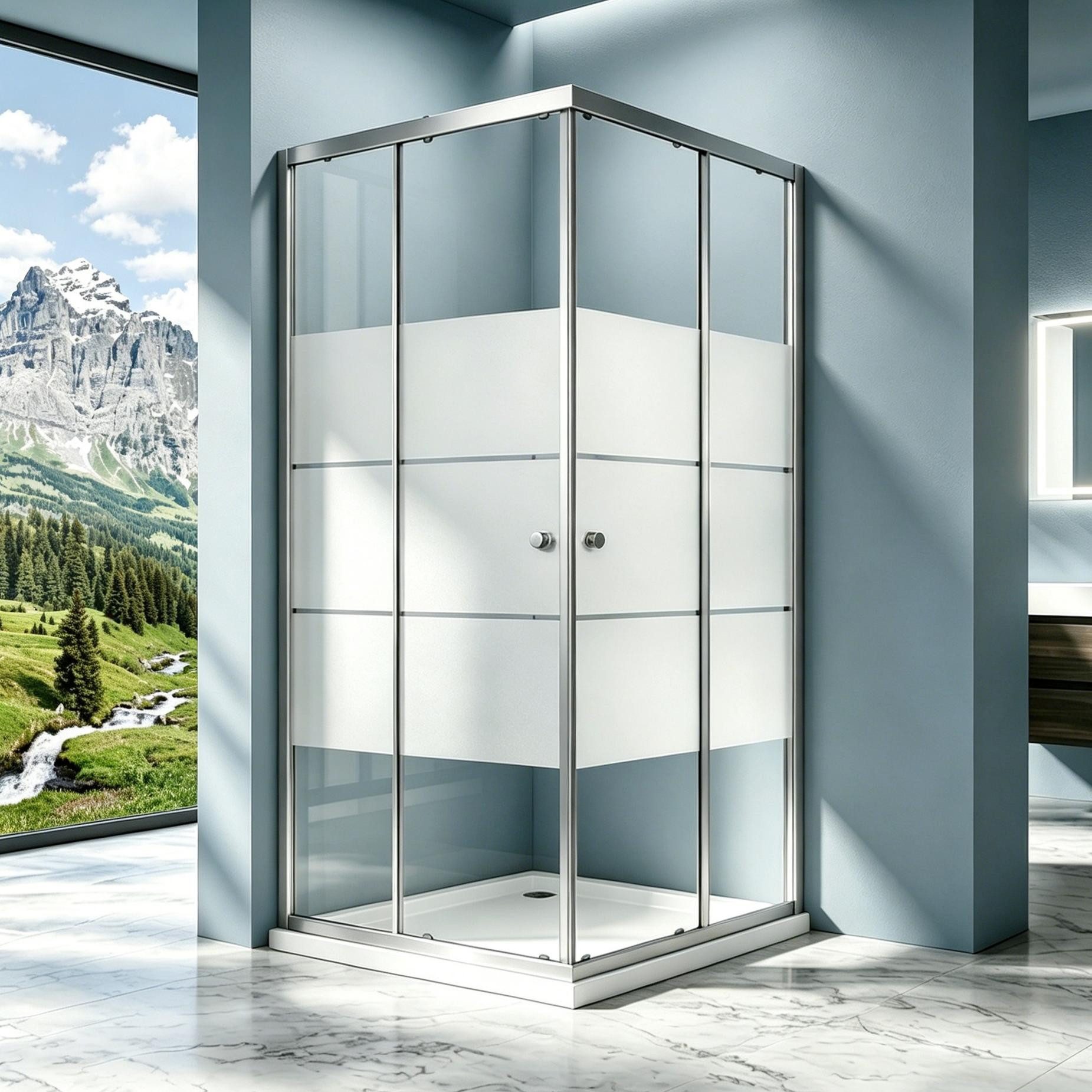 Boromal Eckdusche Duschkabine 90x90 80x80 75x90 75x75 Eckeinstieg Schiebetür H:185cm, BxT: 75x90 cm, Sicherheitsglas, verstellbar Aluprofil, Alurahmen, Duschabtrennung Glas, Milchglas, Schnellfreigabefunktion, Magnetische Duschdichtunge