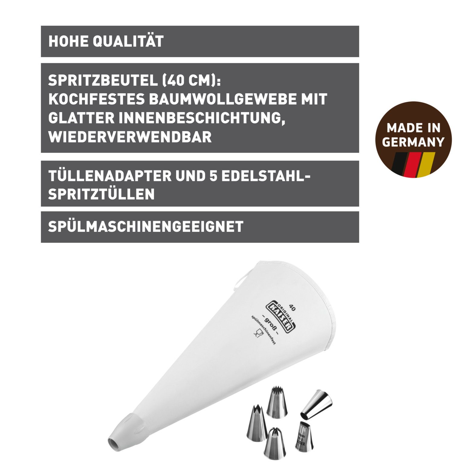 Kaiser Backformen Spritzbeutel La Forme Plus (7-tlg) Wiederverwendbarer Spritzbeutel, Made in Germany