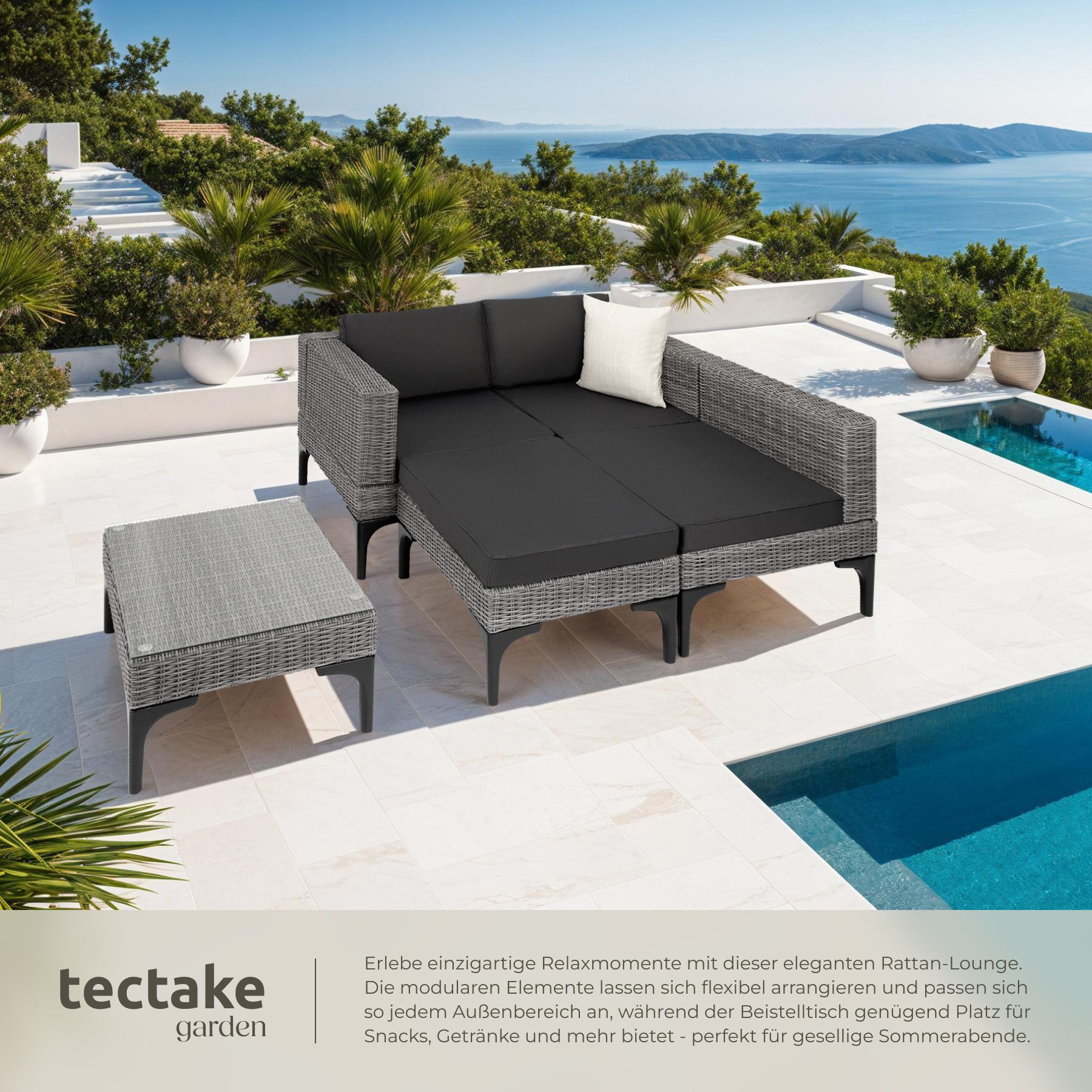 tectake Loungeset Rattan Sitzgruppe mit Aluminiumgestell, hochwertiges Geflecht, (Gartenlounge-set Konstanza, 5-tlg., geeignet für Outdoor in Grau), wetterfest  – Bild 5 von 5
