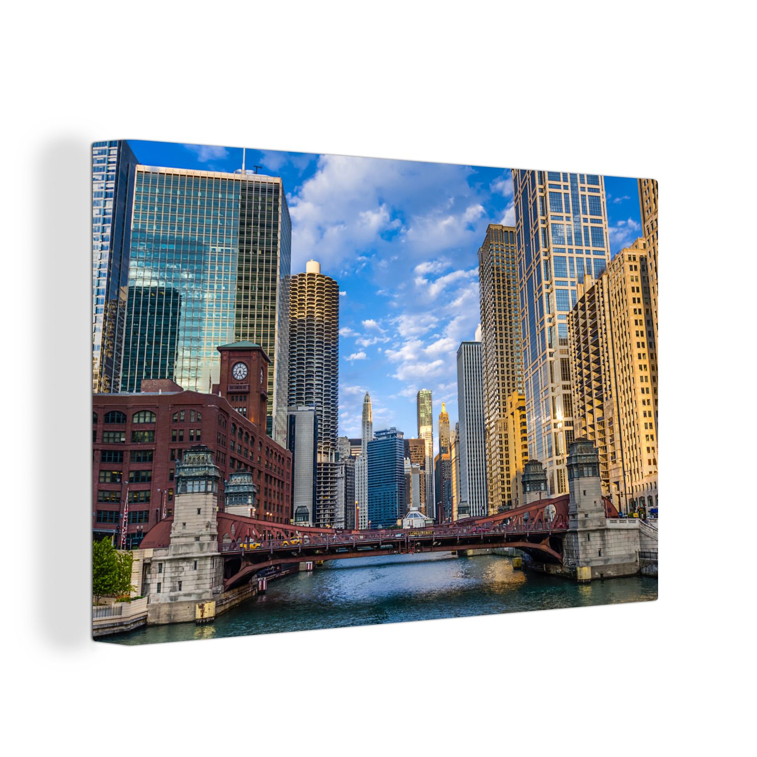 - Wandbild 30x20 (1 Leinwandbild OneMillionCanvasses® Chicago - Leinwandbilder, Fluss Brücke, cm Aufhängefertig, Wanddeko, St),