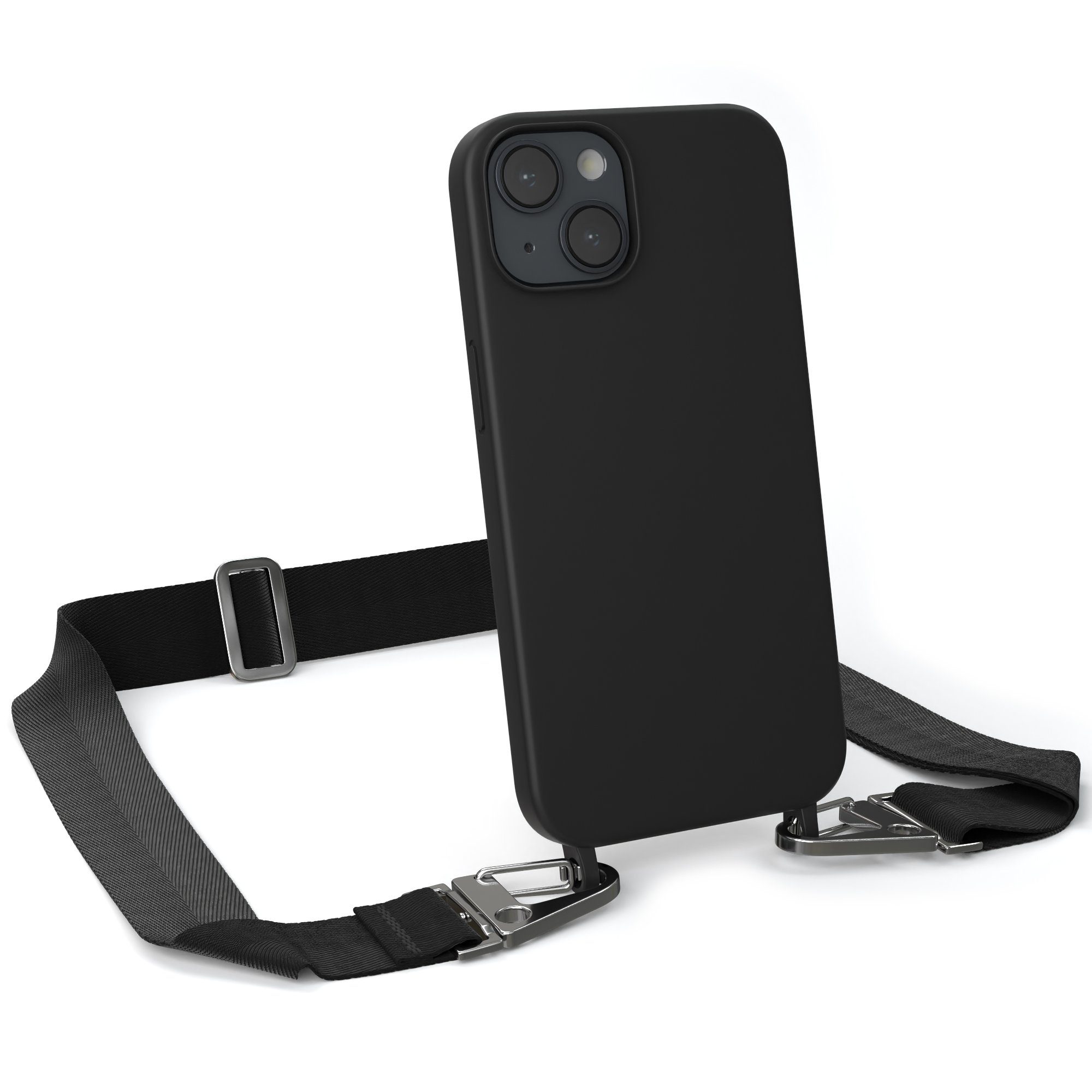 EAZY CASE Handykette Karabiner Breitband für Apple iPhone 14 6,1 Zoll, Schutzhülle zum Umhängen Handyhülle Umhängeband Matt Schwarz Silber