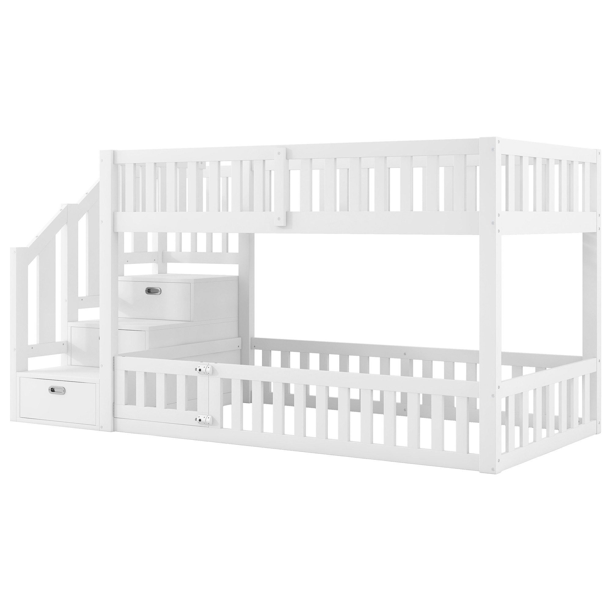 Merax bunk bed (loft bed, youth bed, bunk bed, 1-piece), solid wood bed, children's bed 90x200cm with stairs, storage space, railing & door