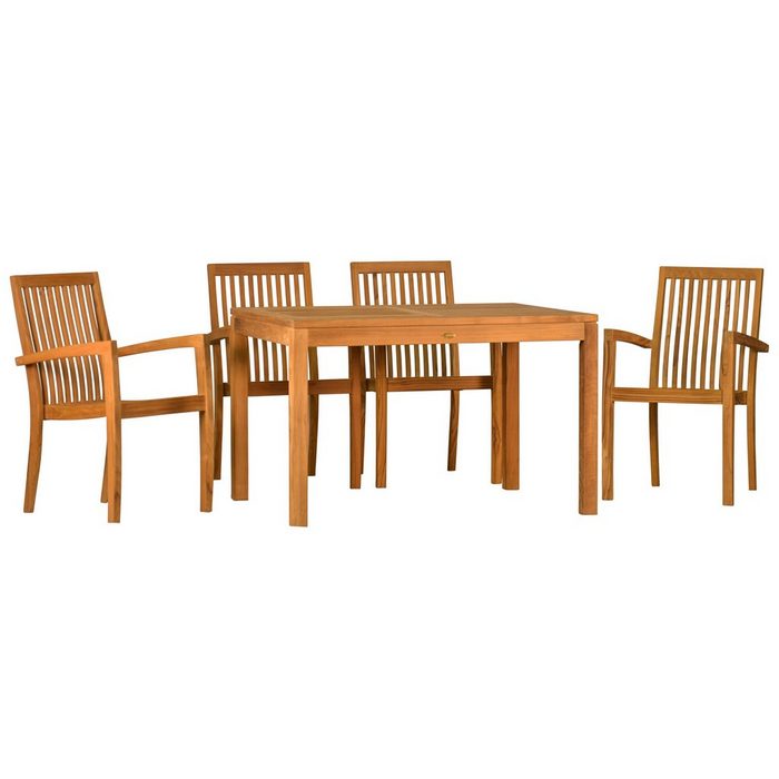 Kai Wiechmann Garten-Essgruppe Premium Teak Sitzgruppe aus 4 Stapelstühlen und 1 Tisch 120 x 90 cm (5-tlg. 4 Stapelsessel 1 Esstisch) Set aus Teak-Gartenmöbeln mit Stühlen zum Stapeln